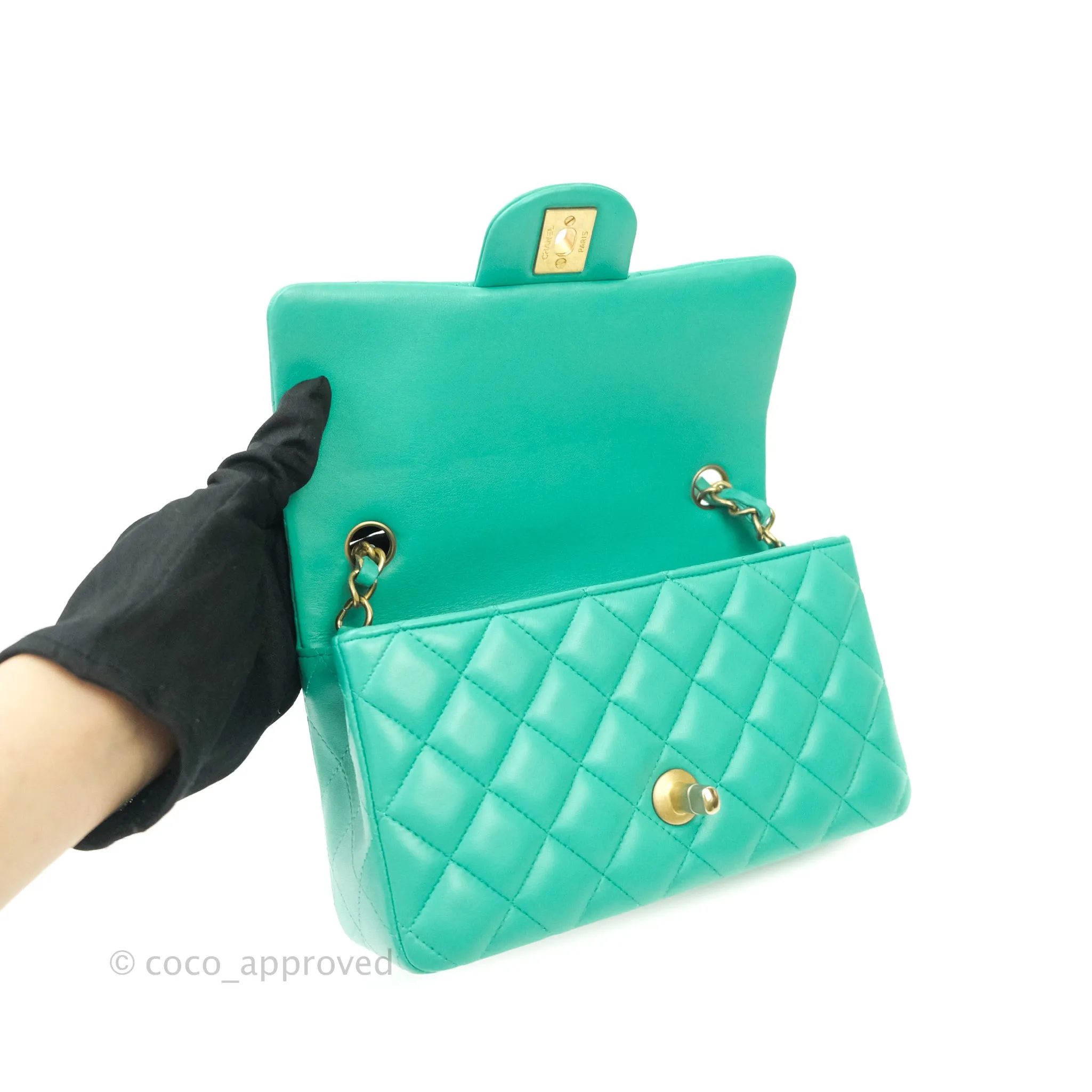 Chanel Quilted Mini Rectangular Turquoise Blue Lambskin Aged Gold Hardware