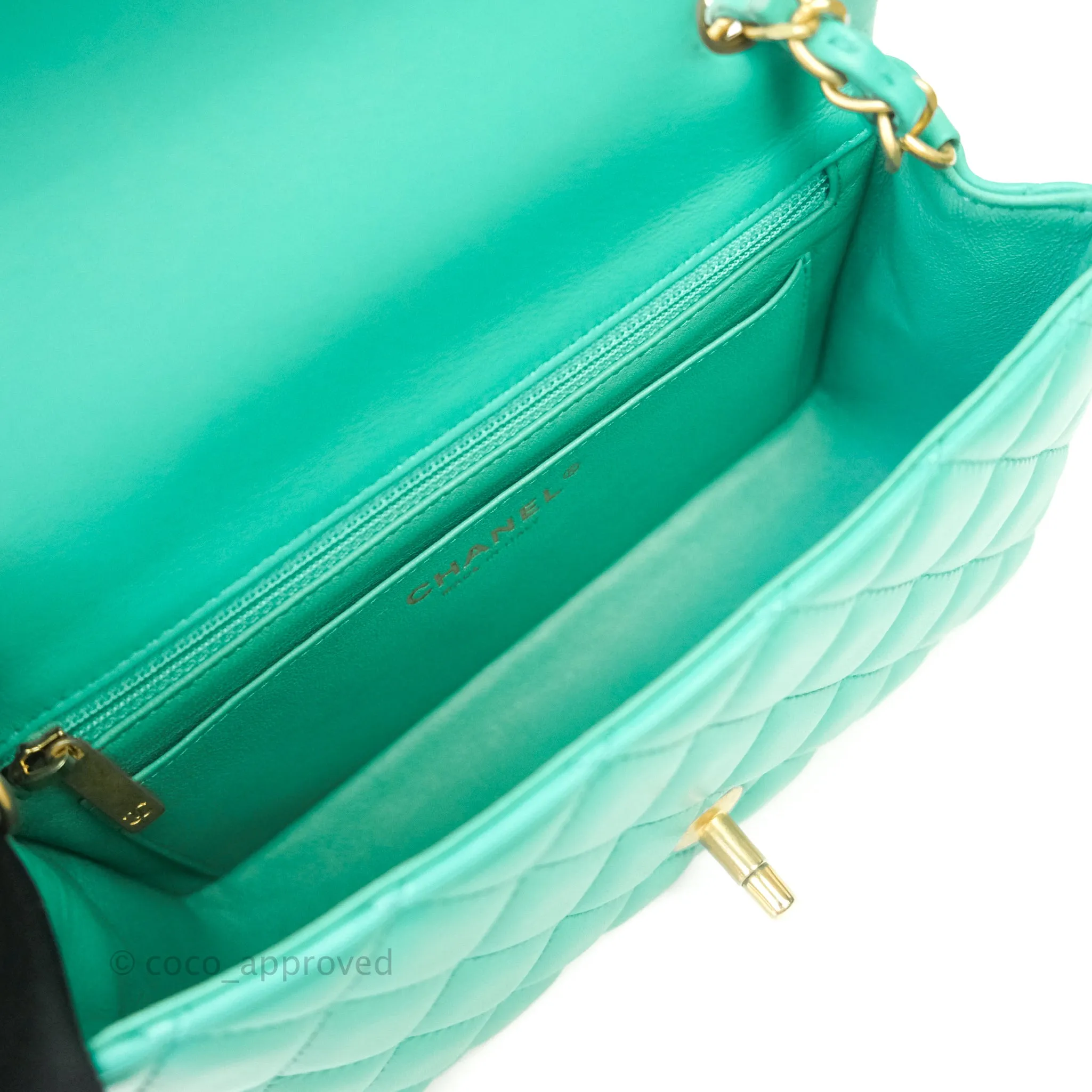Chanel Quilted Mini Rectangular Turquoise Blue Lambskin Aged Gold Hardware