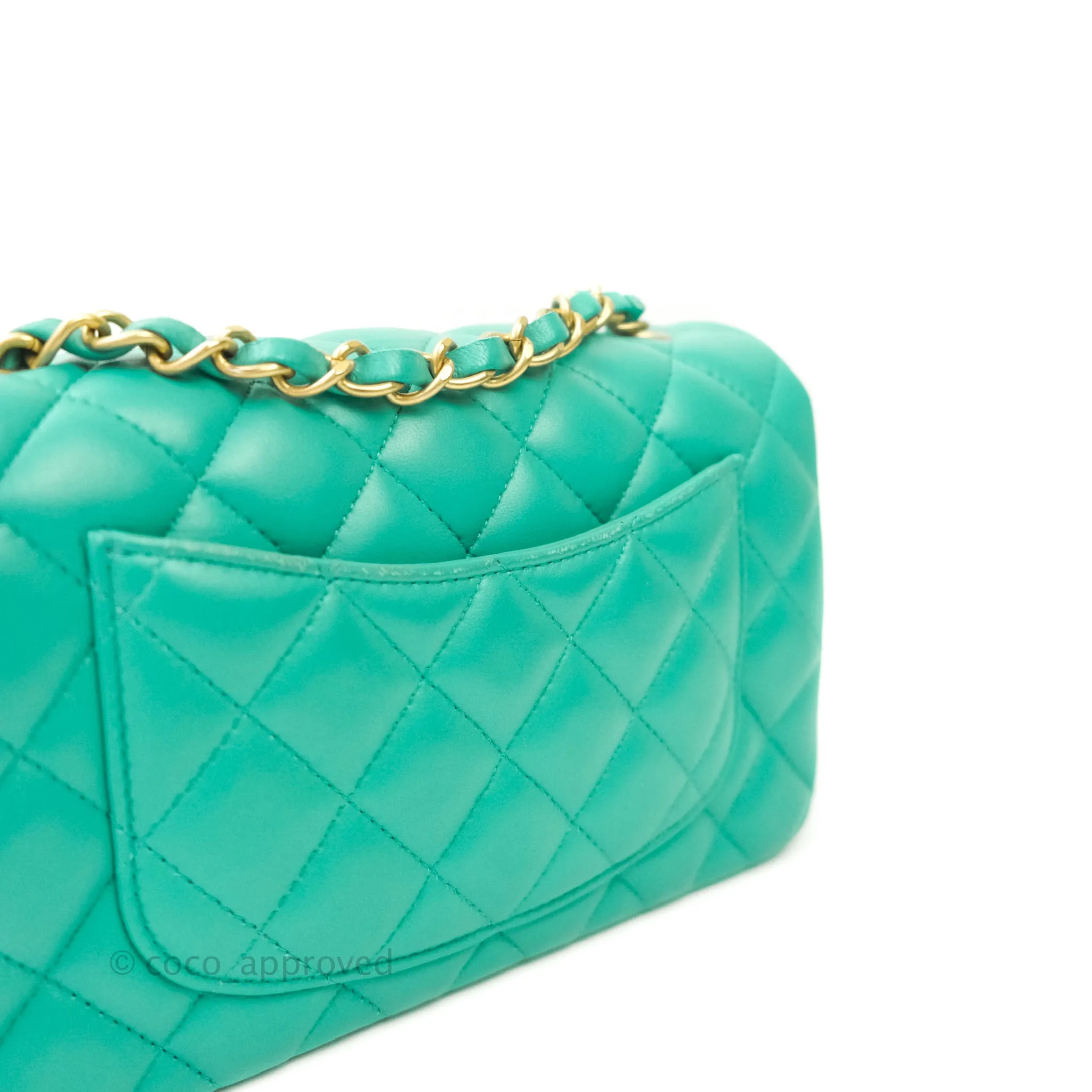 Chanel Quilted Mini Rectangular Turquoise Blue Lambskin Aged Gold Hardware