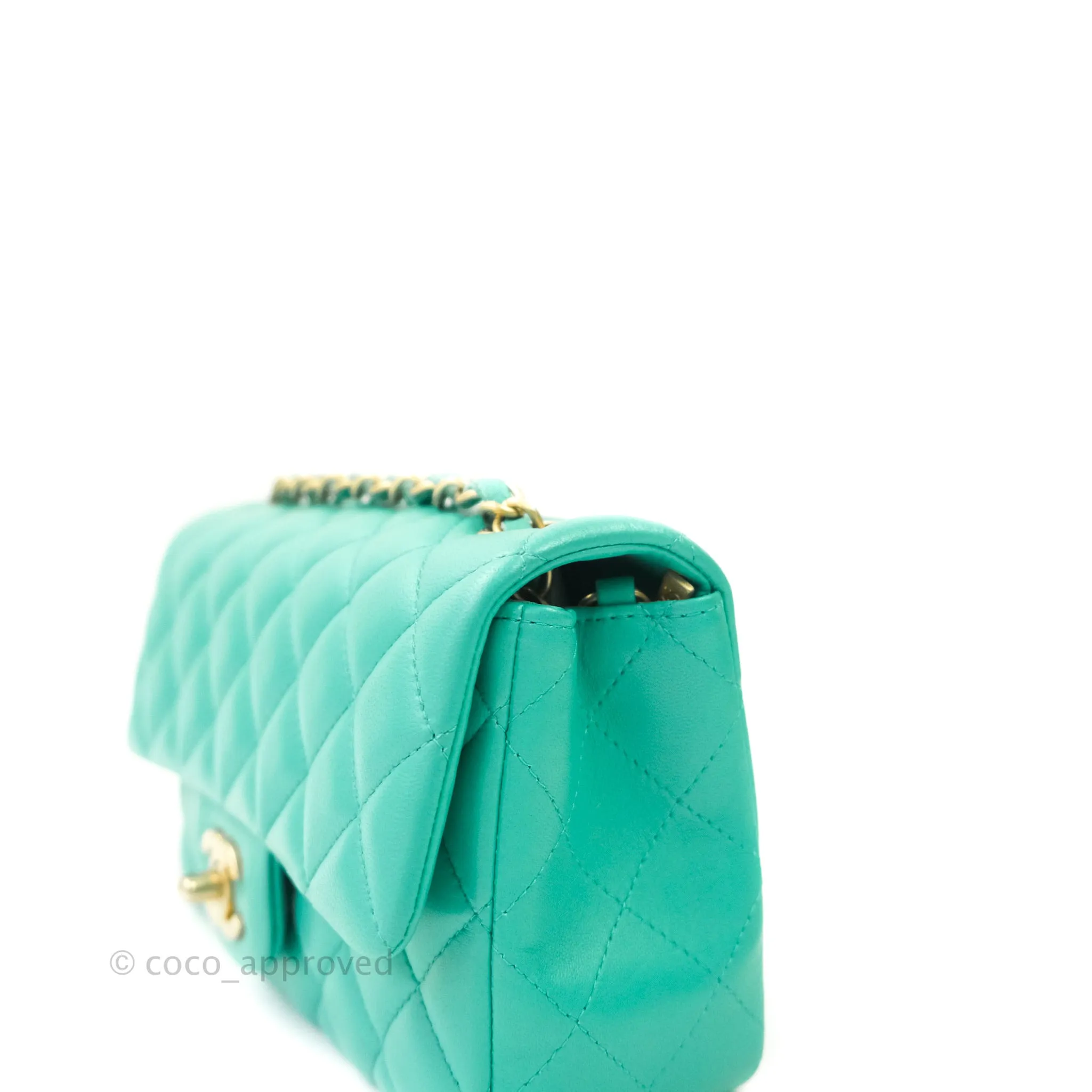 Chanel Quilted Mini Rectangular Turquoise Blue Lambskin Aged Gold Hardware