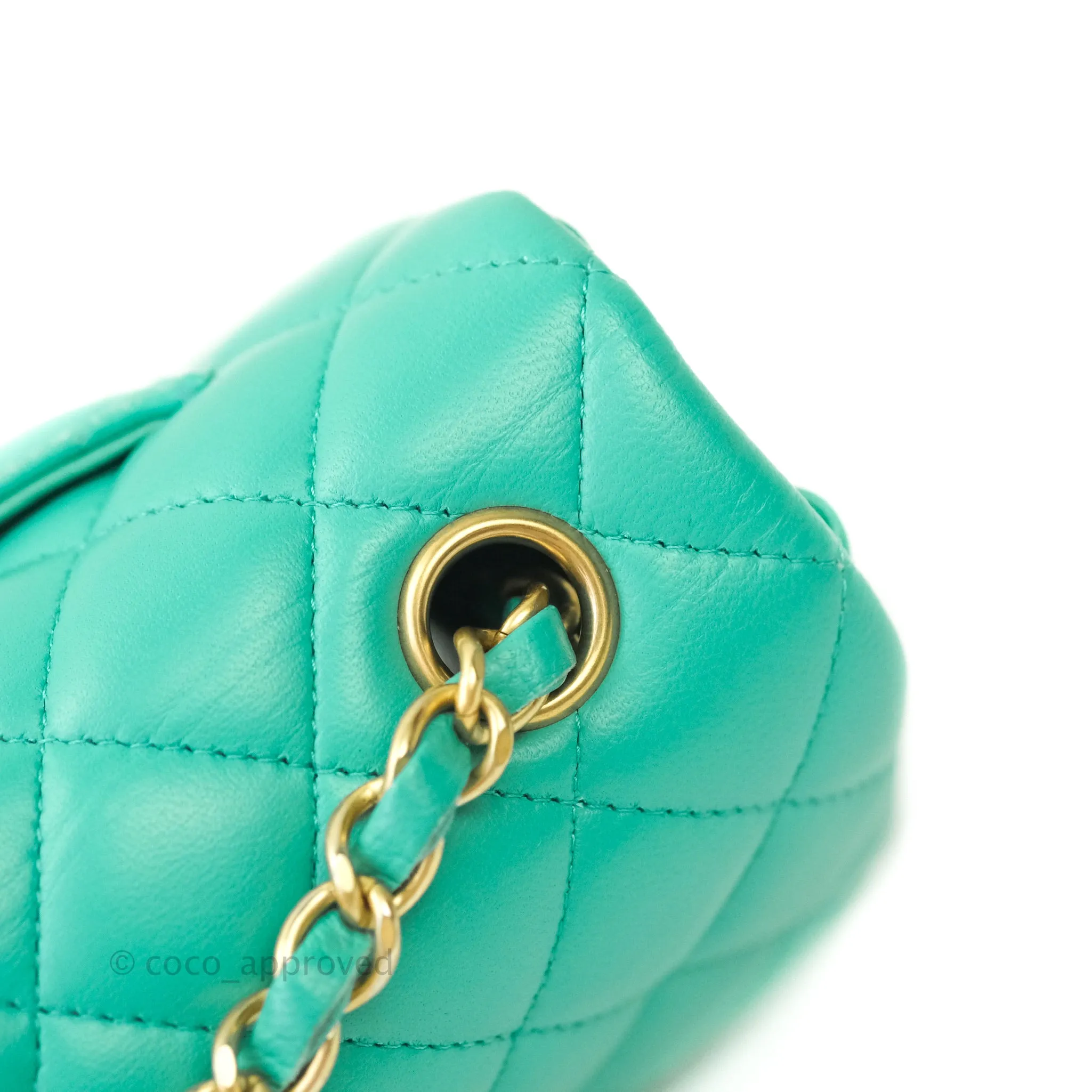 Chanel Quilted Mini Rectangular Turquoise Blue Lambskin Aged Gold Hardware