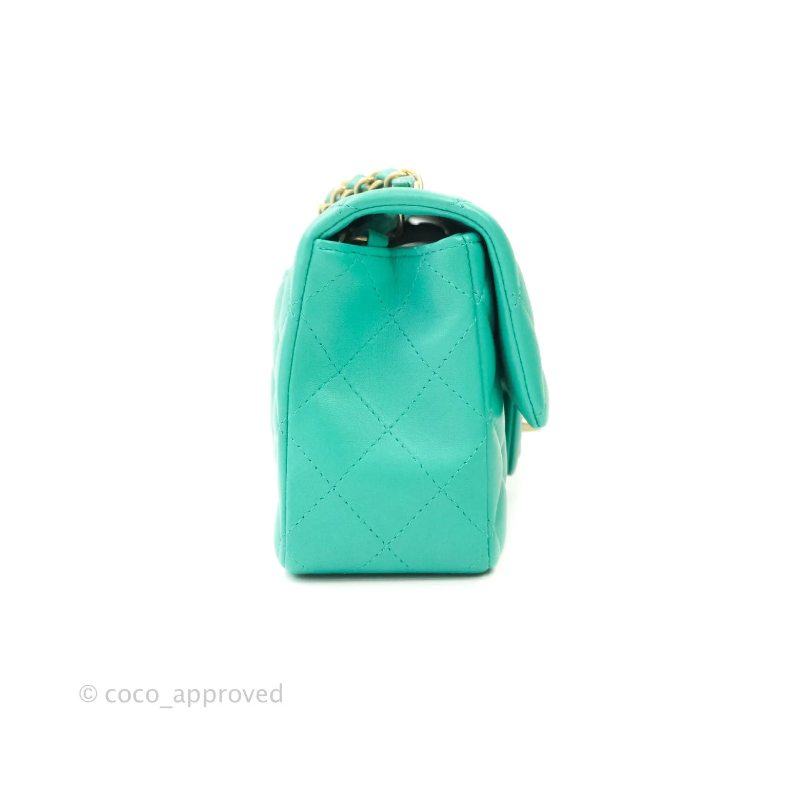 Chanel Quilted Mini Rectangular Turquoise Blue Lambskin Aged Gold Hardware