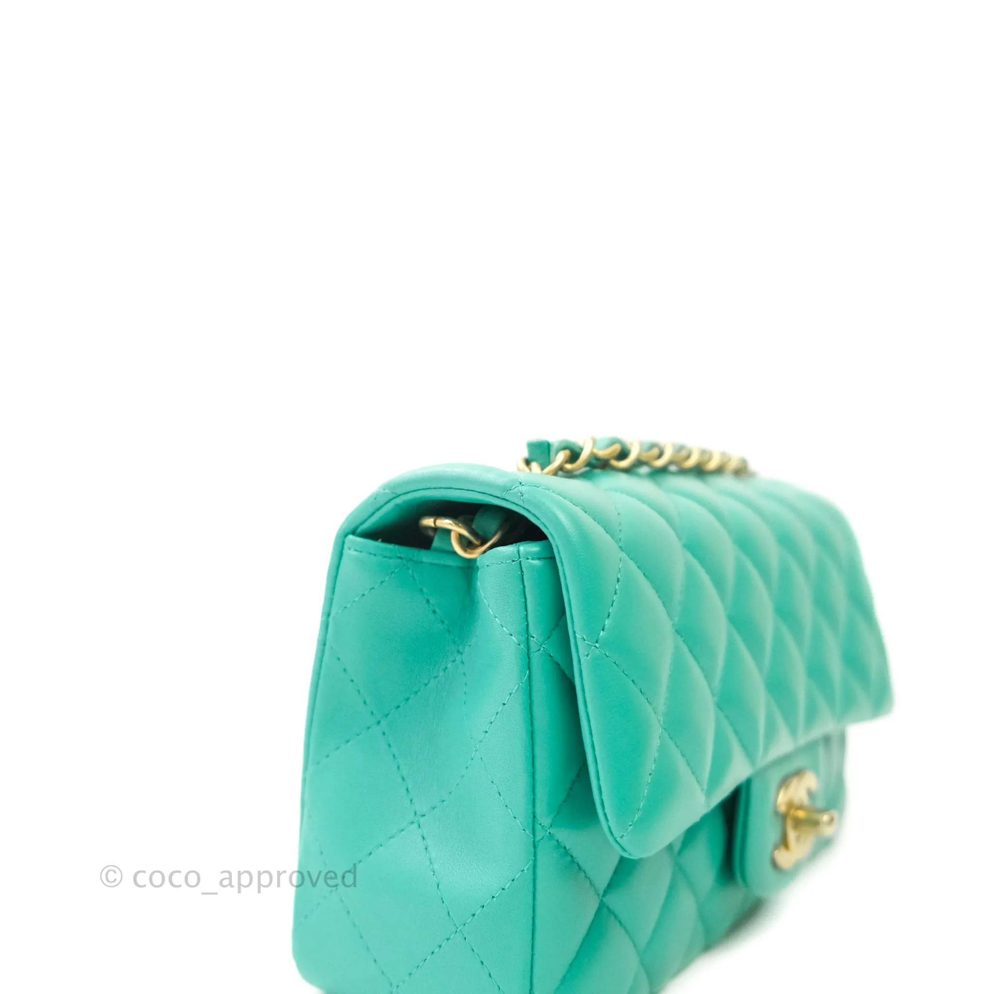 Chanel Quilted Mini Rectangular Turquoise Blue Lambskin Aged Gold Hardware