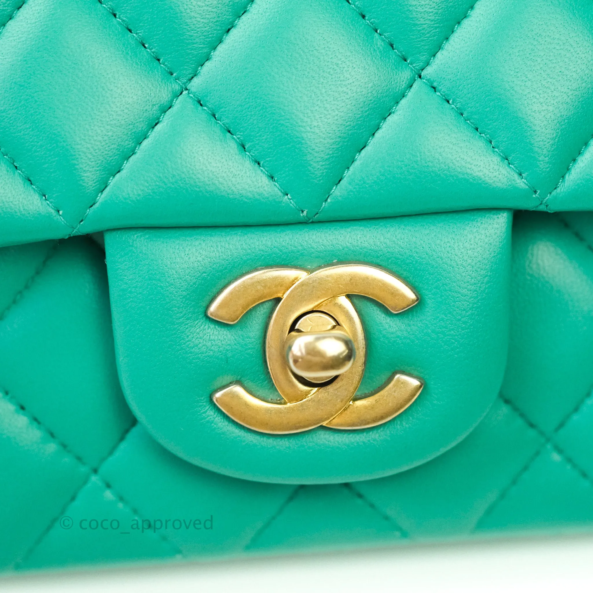 Chanel Quilted Mini Rectangular Turquoise Blue Lambskin Aged Gold Hardware