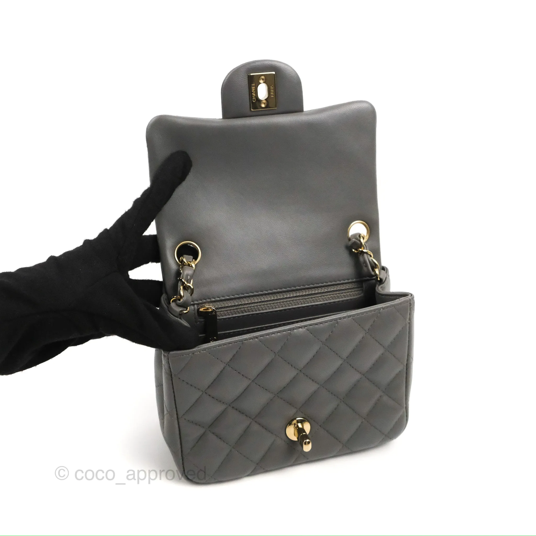 Chanel Quilted Mini Square Grey Lambskin Gold Hardware
