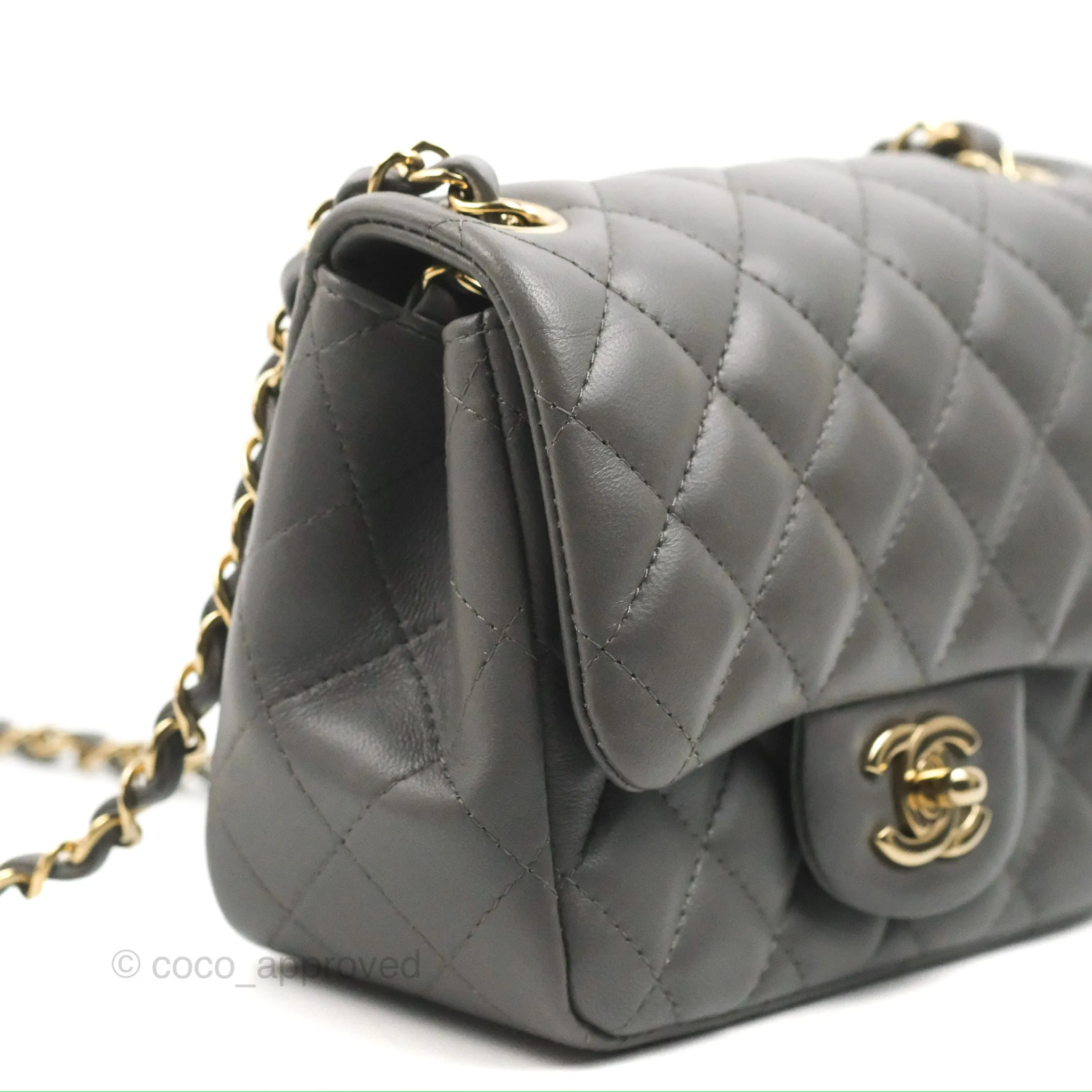 Chanel Quilted Mini Square Grey Lambskin Gold Hardware