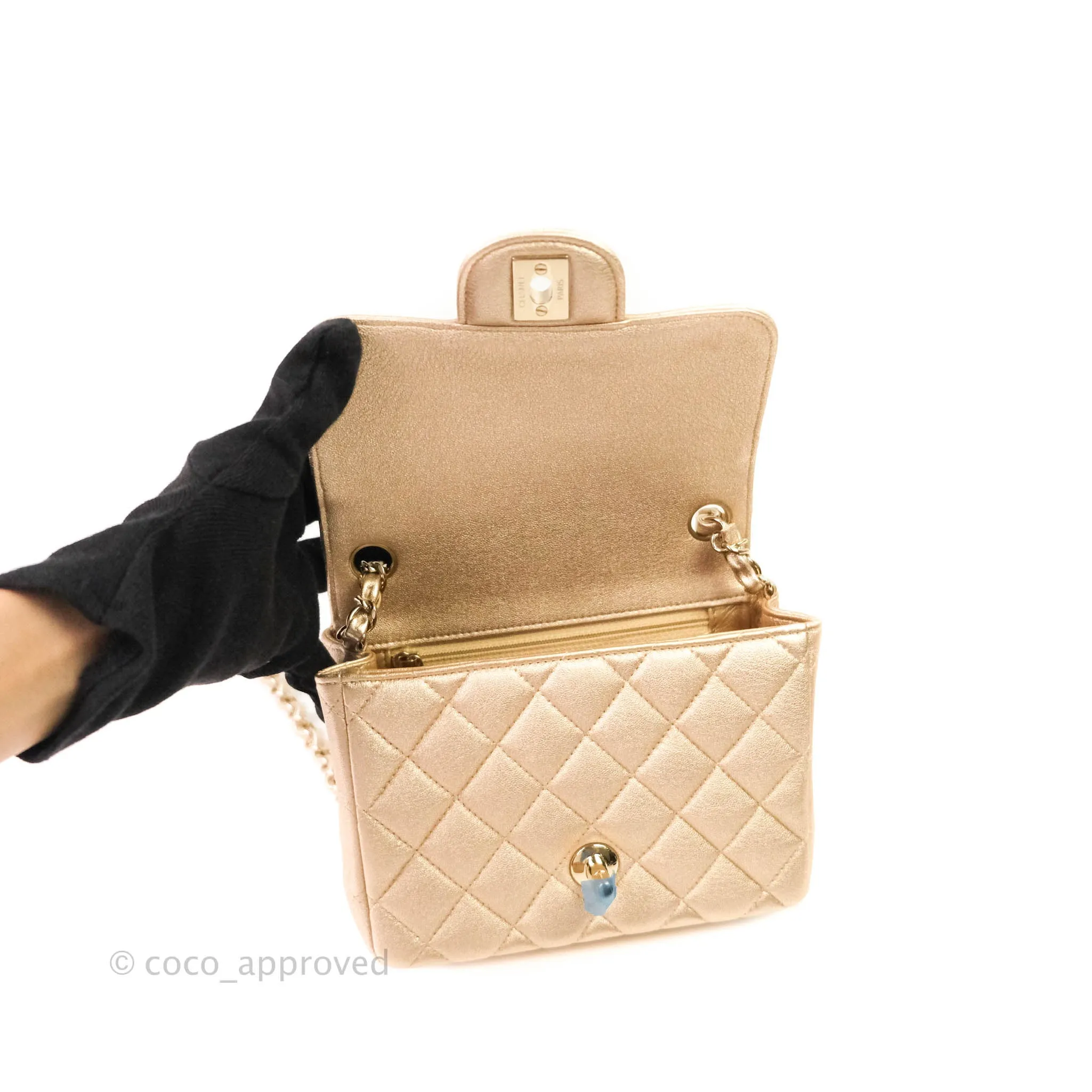 Chanel Quilted Mini Square Iridescent Gold Lambskin Gold Hardware 21P