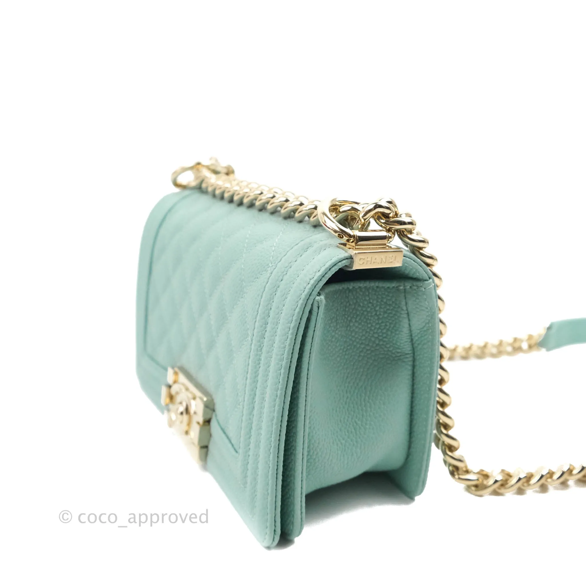 Chanel Quilted Small Boy Light Tiffany Blue Caviar Gold Hardware