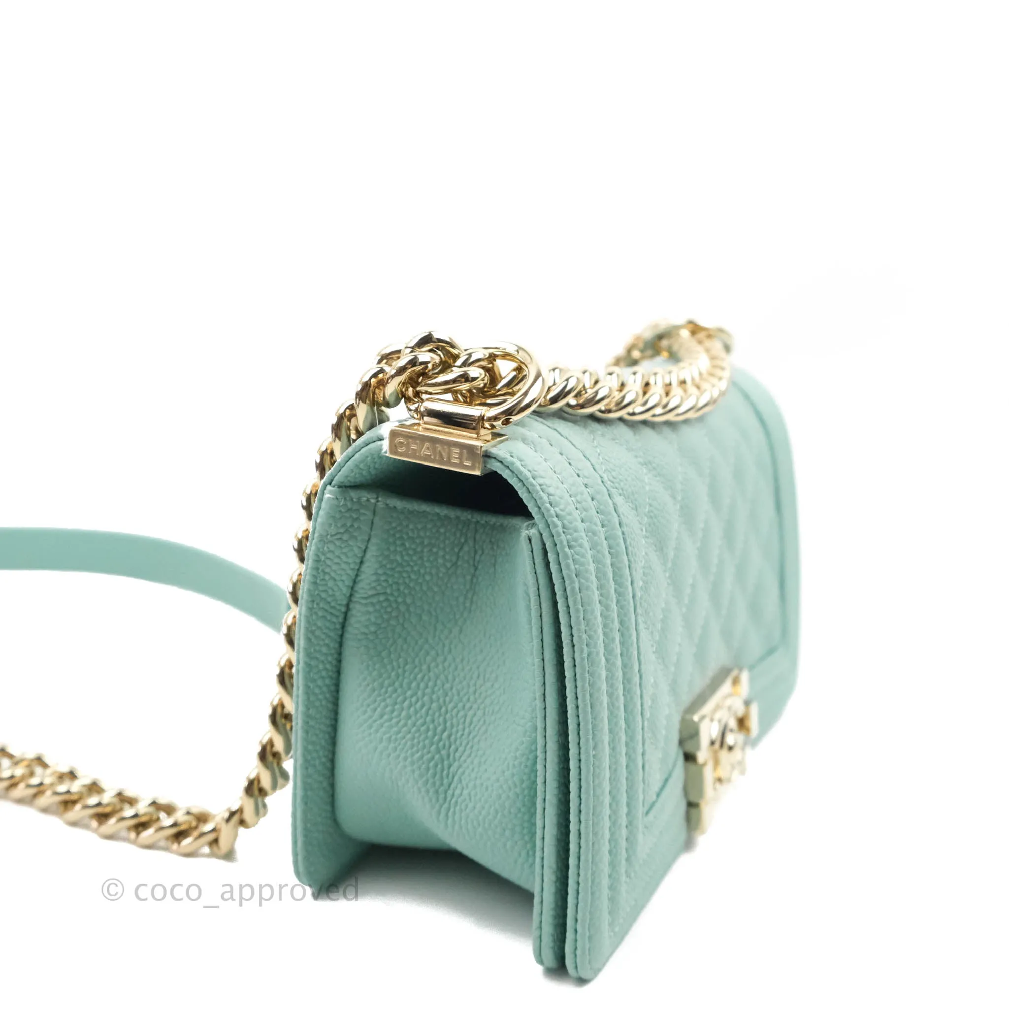 Chanel Quilted Small Boy Light Tiffany Blue Caviar Gold Hardware