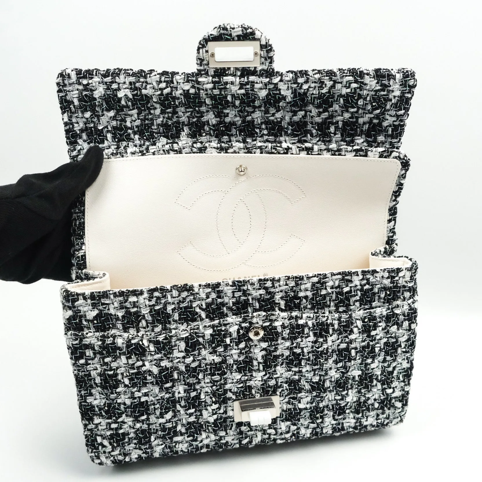 Chanel Reissue Quilted Tweed Black White Enamel Silver Hardware 226