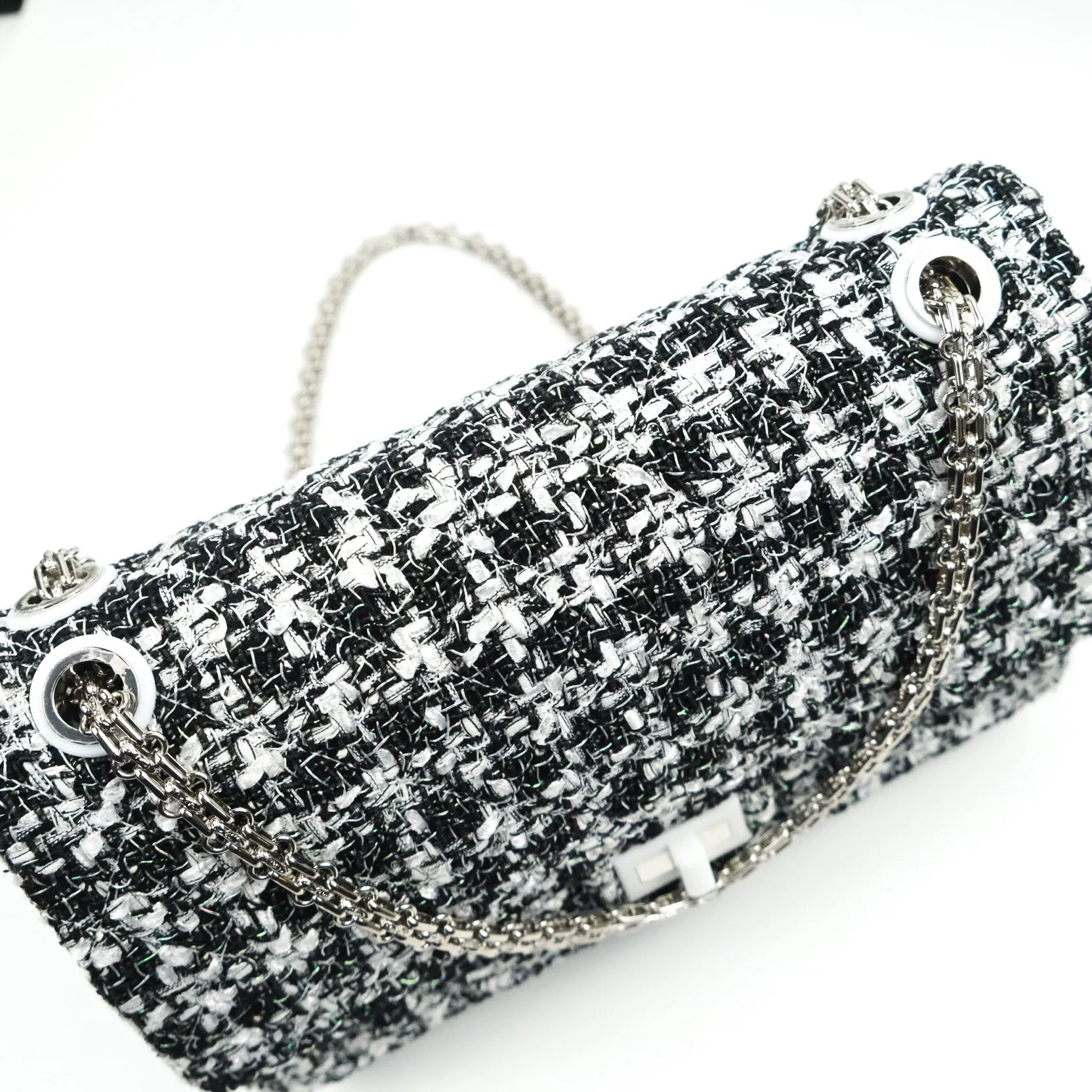 Chanel Reissue Quilted Tweed Black White Enamel Silver Hardware 226