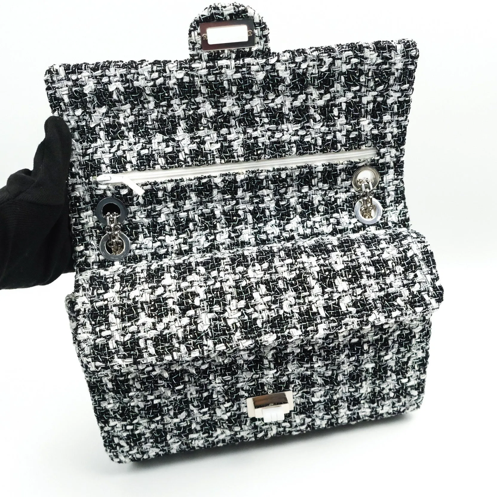 Chanel Reissue Quilted Tweed Black White Enamel Silver Hardware 226
