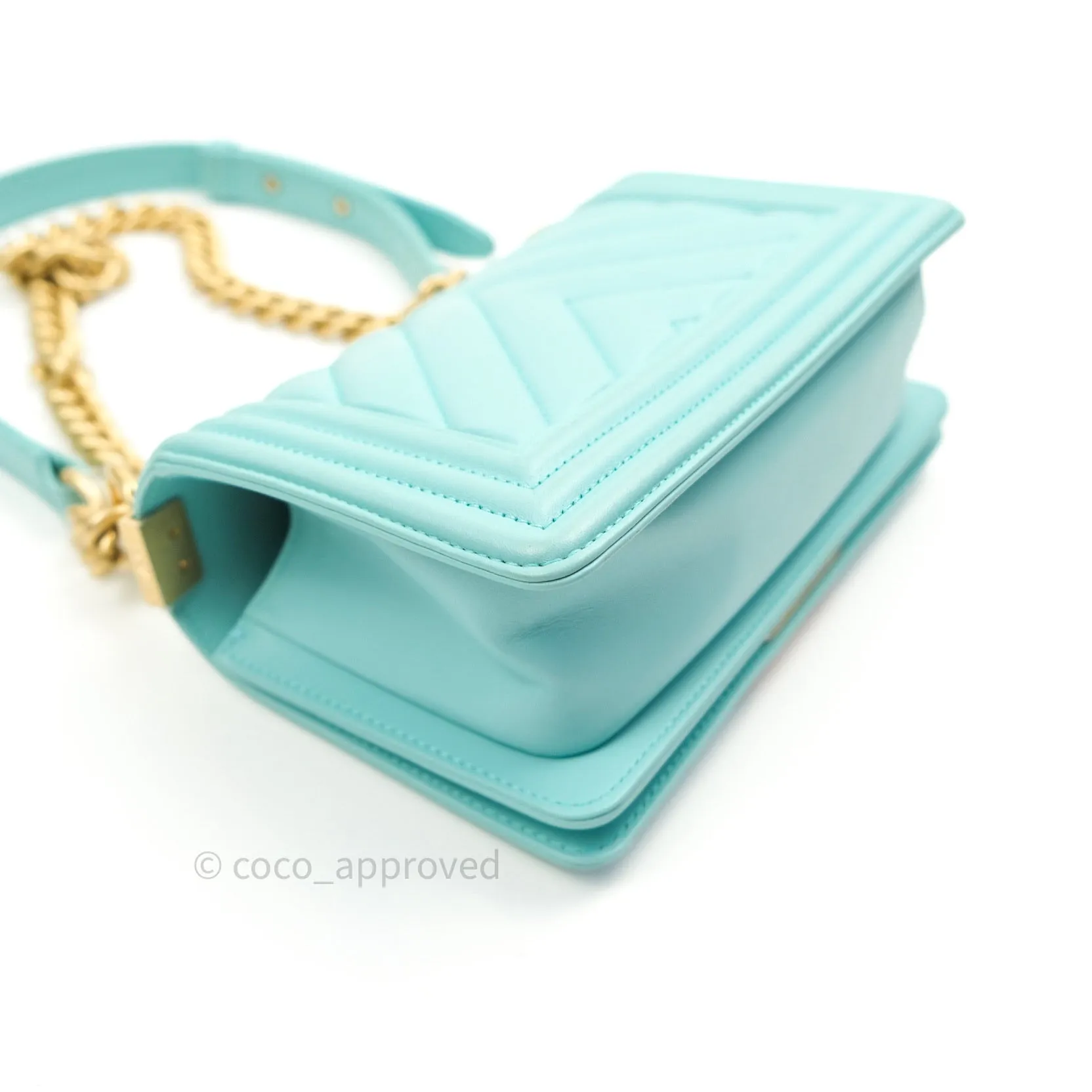 Chanel Small Boy Chevron Blue Calfskin Gold Hardware