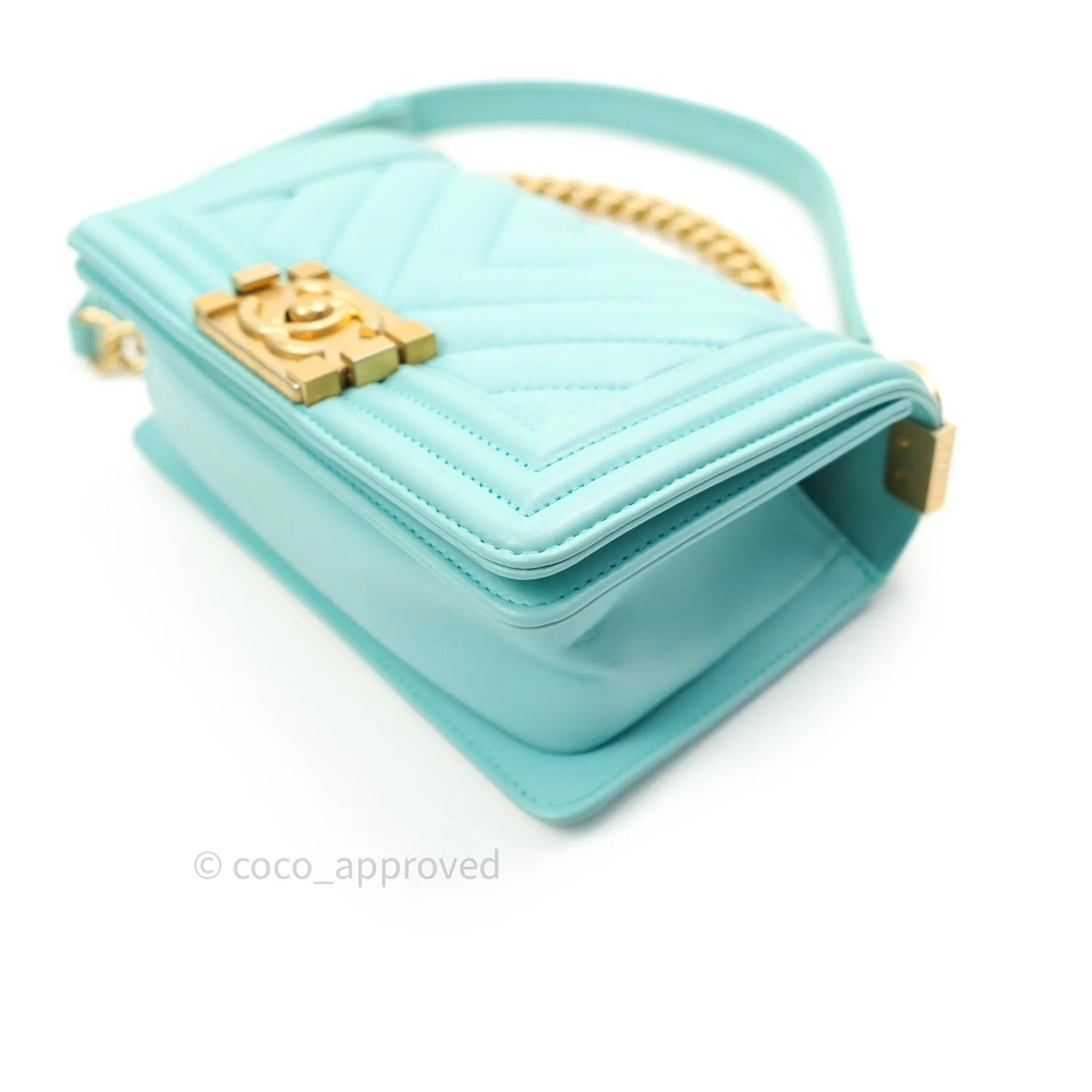 Chanel Small Boy Chevron Blue Calfskin Gold Hardware