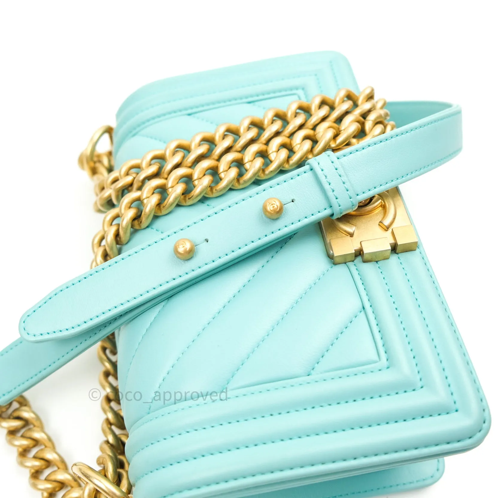 Chanel Small Boy Chevron Blue Calfskin Gold Hardware