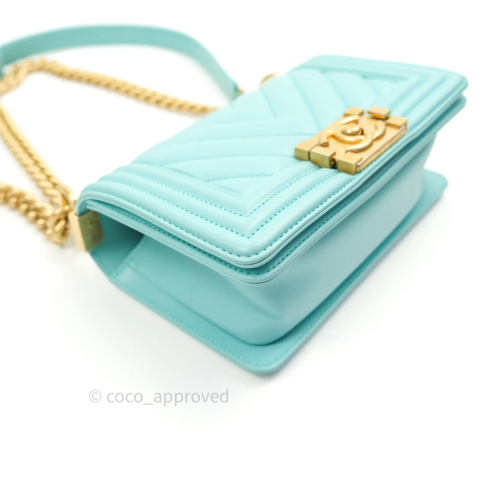 Chanel Small Boy Chevron Blue Calfskin Gold Hardware