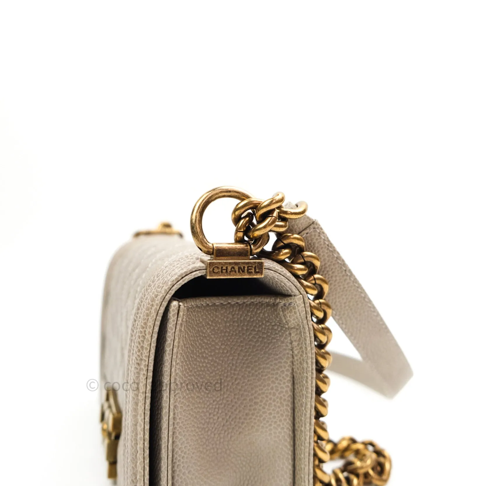 Chanel Small Boy Quilted Grey Caviar Antique Gold Hardware 14B