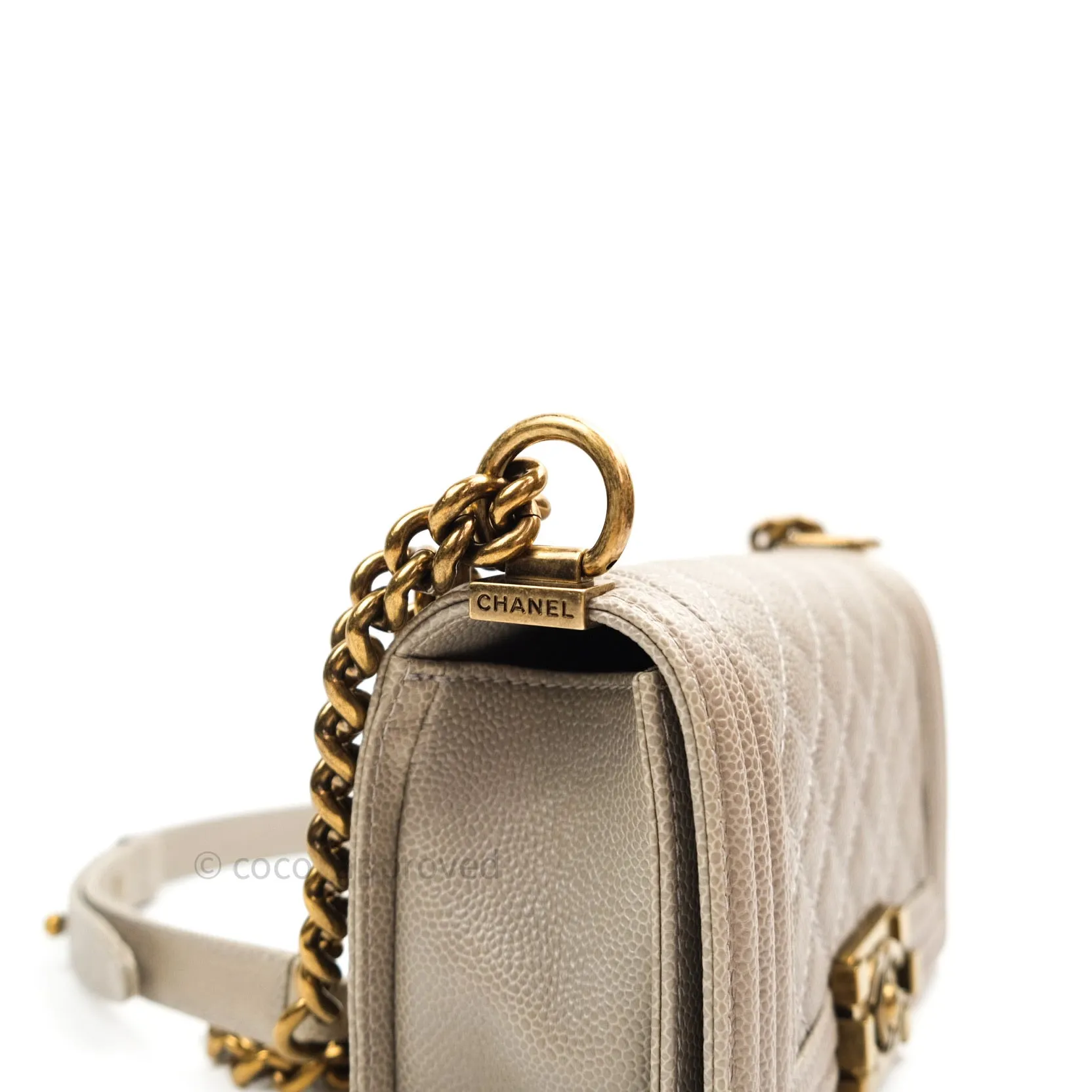 Chanel Small Boy Quilted Grey Caviar Antique Gold Hardware 14B