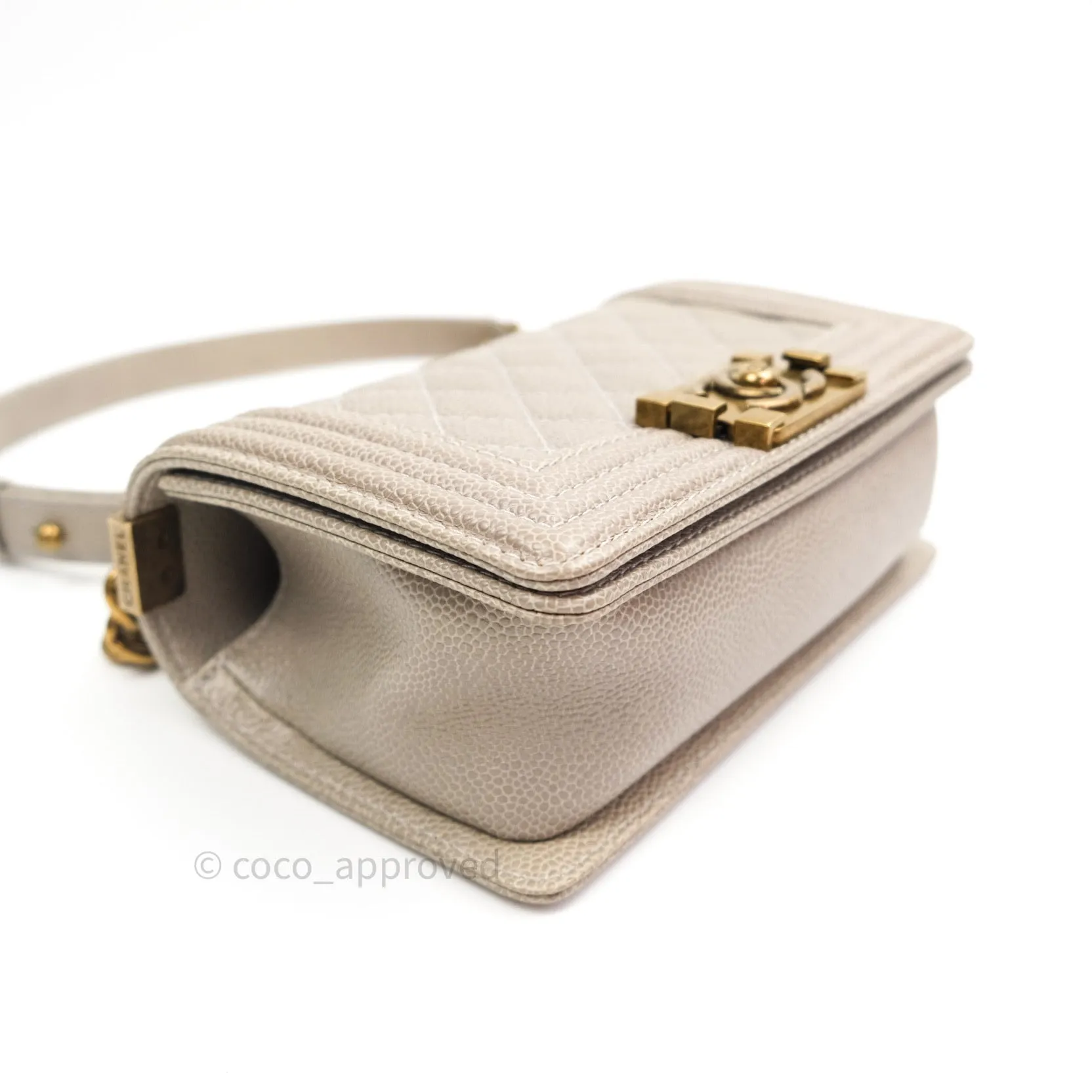 Chanel Small Boy Quilted Grey Caviar Antique Gold Hardware 14B