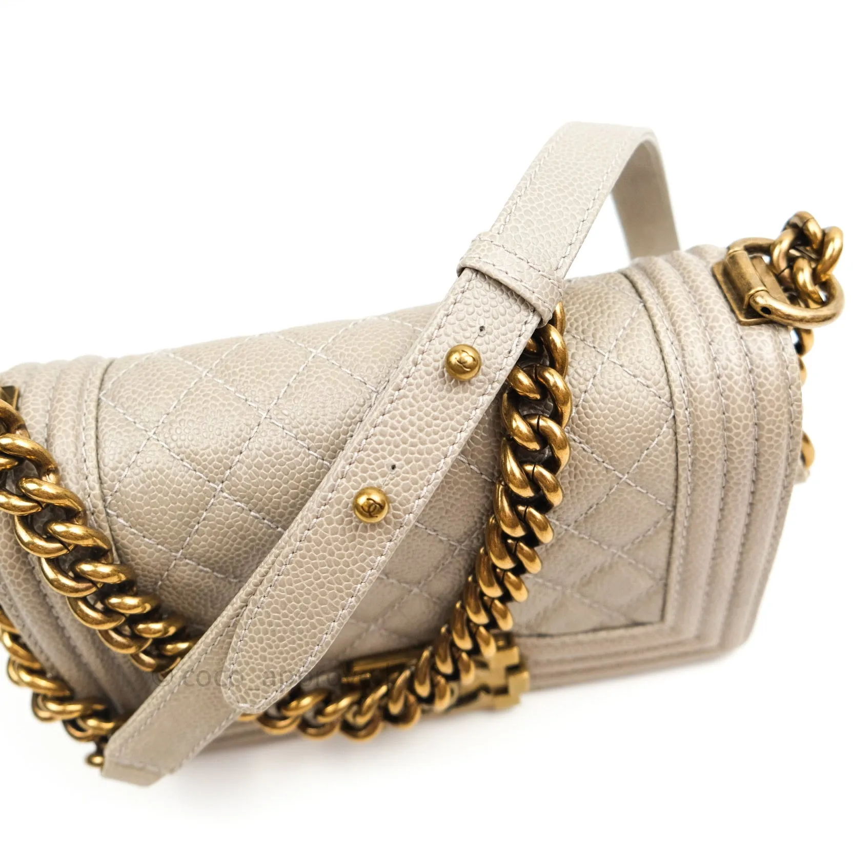 Chanel Small Boy Quilted Grey Caviar Antique Gold Hardware 14B