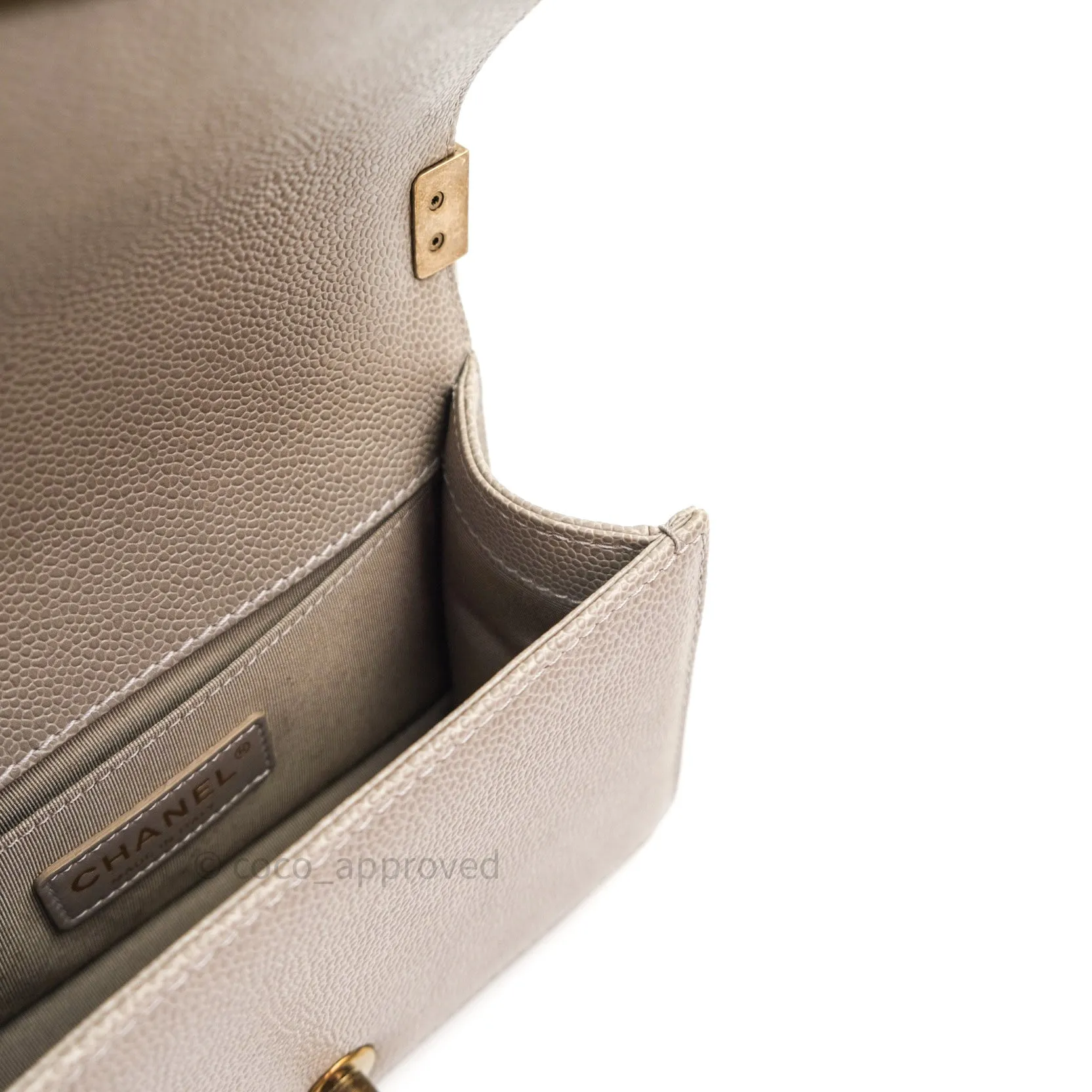 Chanel Small Boy Quilted Grey Caviar Antique Gold Hardware 14B