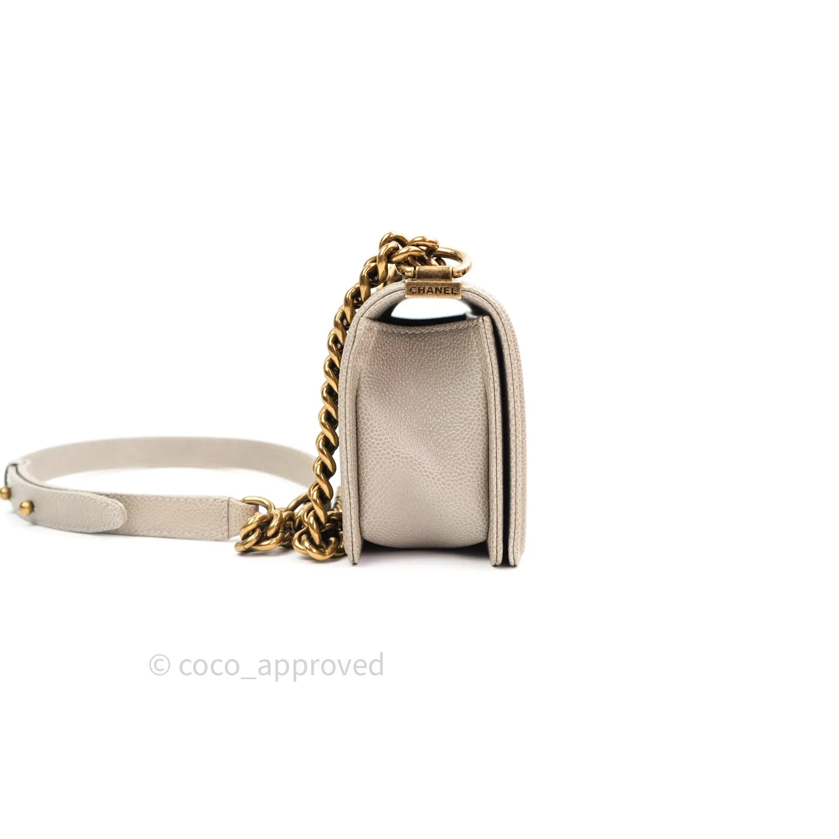 Chanel Small Boy Quilted Grey Caviar Antique Gold Hardware 14B