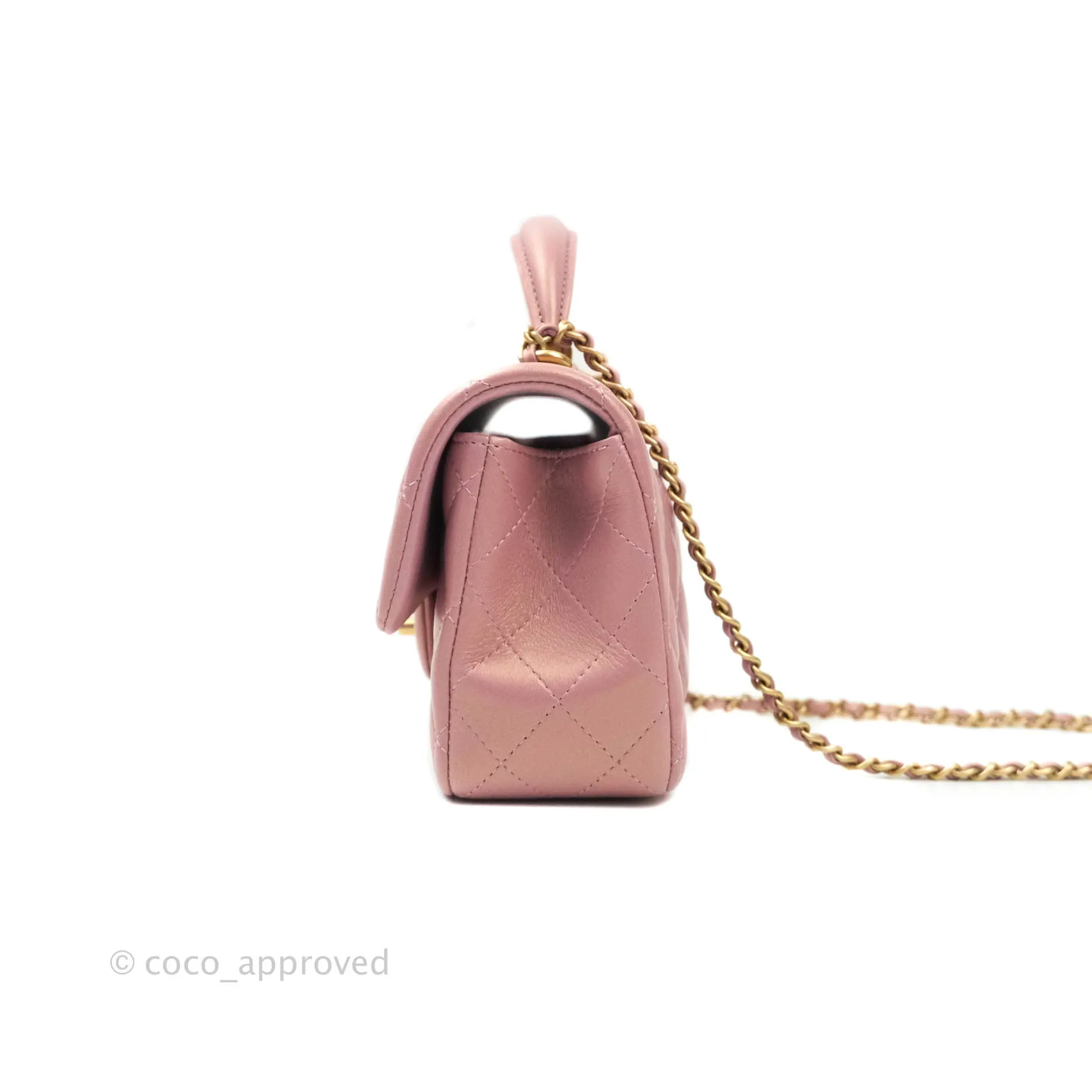 Chanel Top Handle Mini Rectangular Flap Bag Iridescent Dark Pink Lambskin Aged Gold Hardware