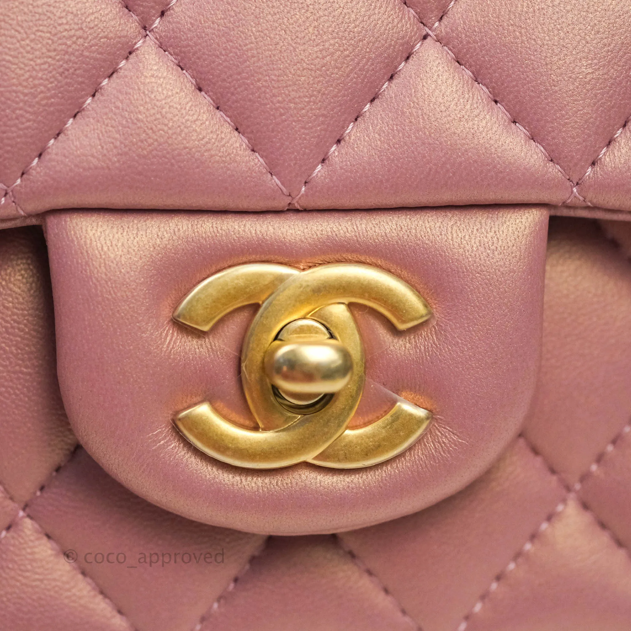 Chanel Top Handle Mini Rectangular Flap Bag Iridescent Dark Pink Lambskin Aged Gold Hardware