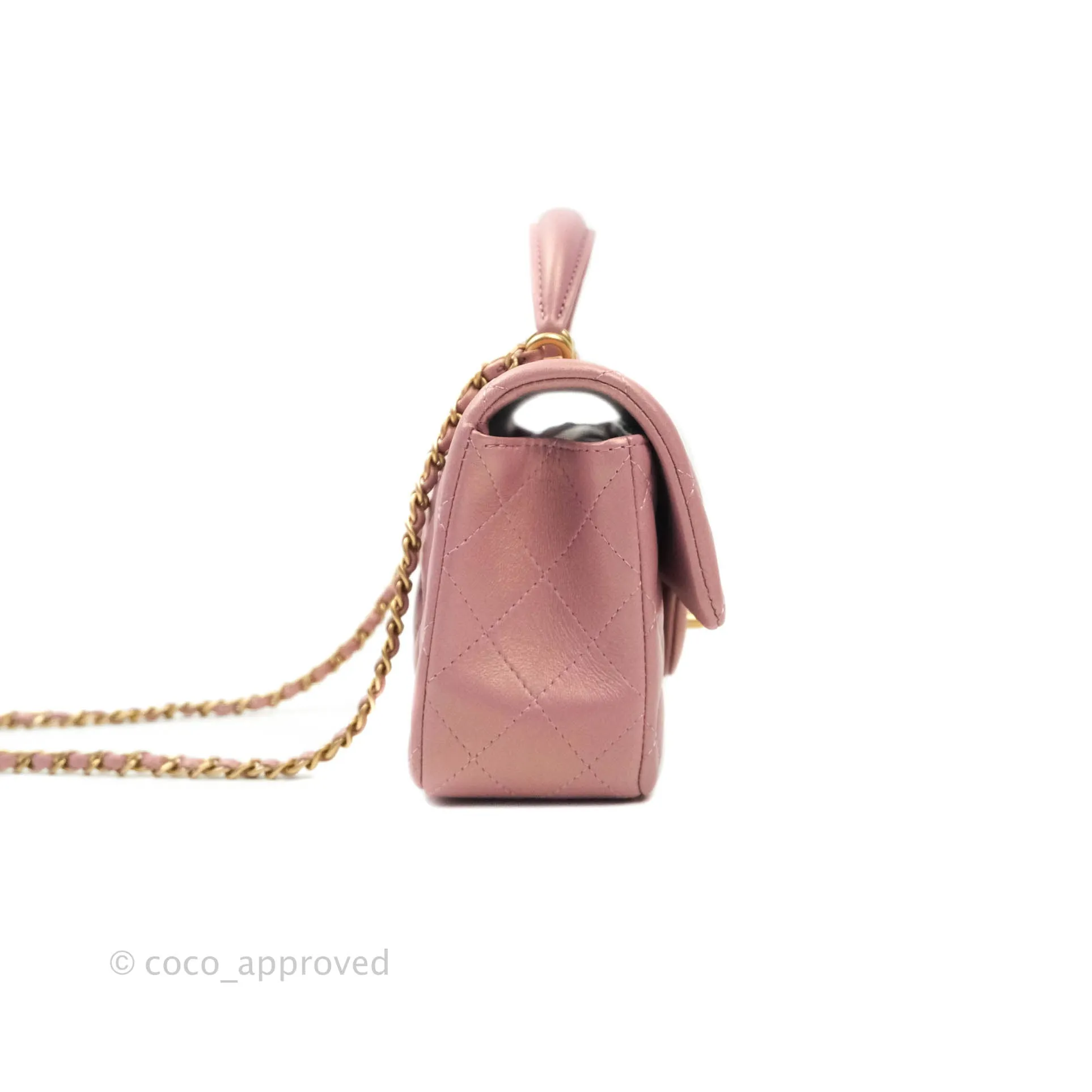 Chanel Top Handle Mini Rectangular Flap Bag Iridescent Dark Pink Lambskin Aged Gold Hardware