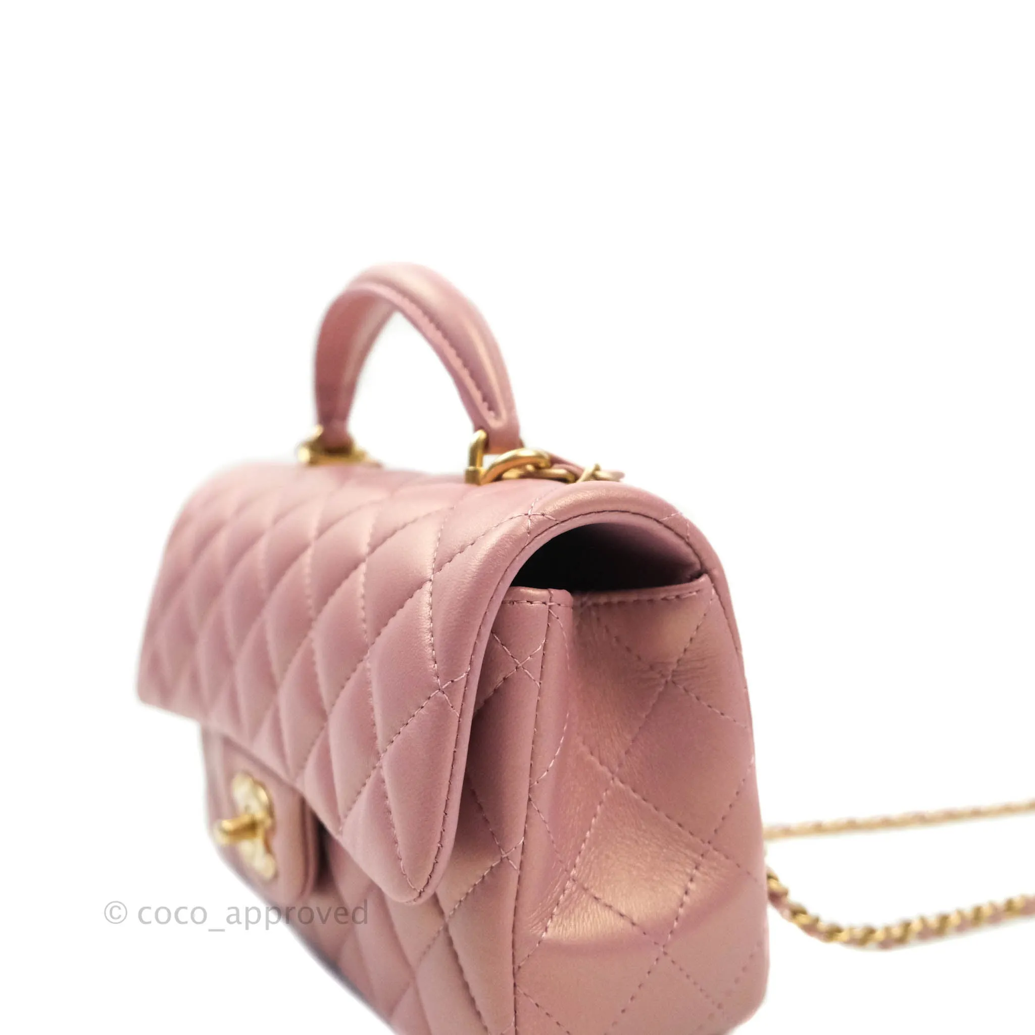 Chanel Top Handle Mini Rectangular Flap Bag Iridescent Dark Pink Lambskin Aged Gold Hardware
