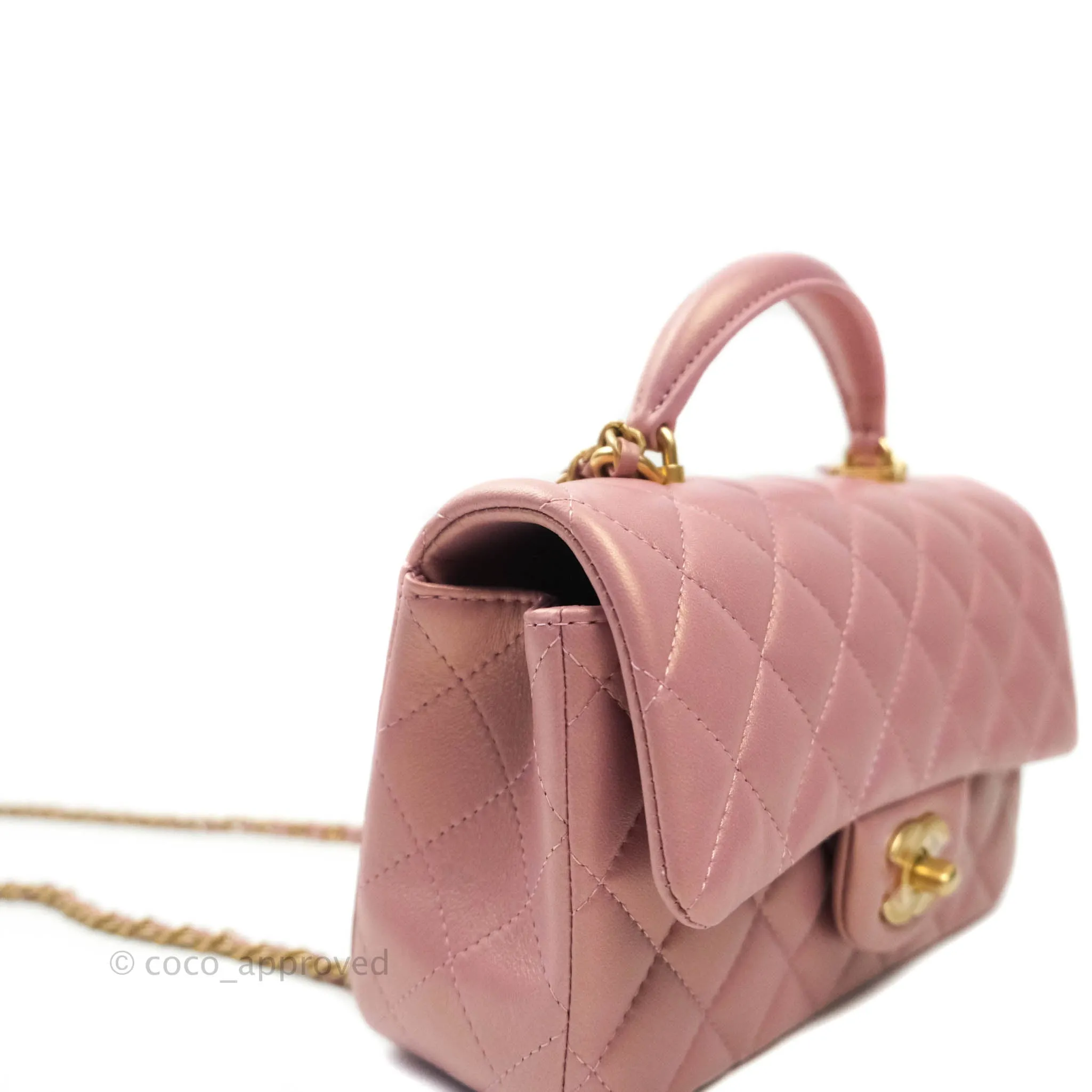 Chanel Top Handle Mini Rectangular Flap Bag Iridescent Dark Pink Lambskin Aged Gold Hardware