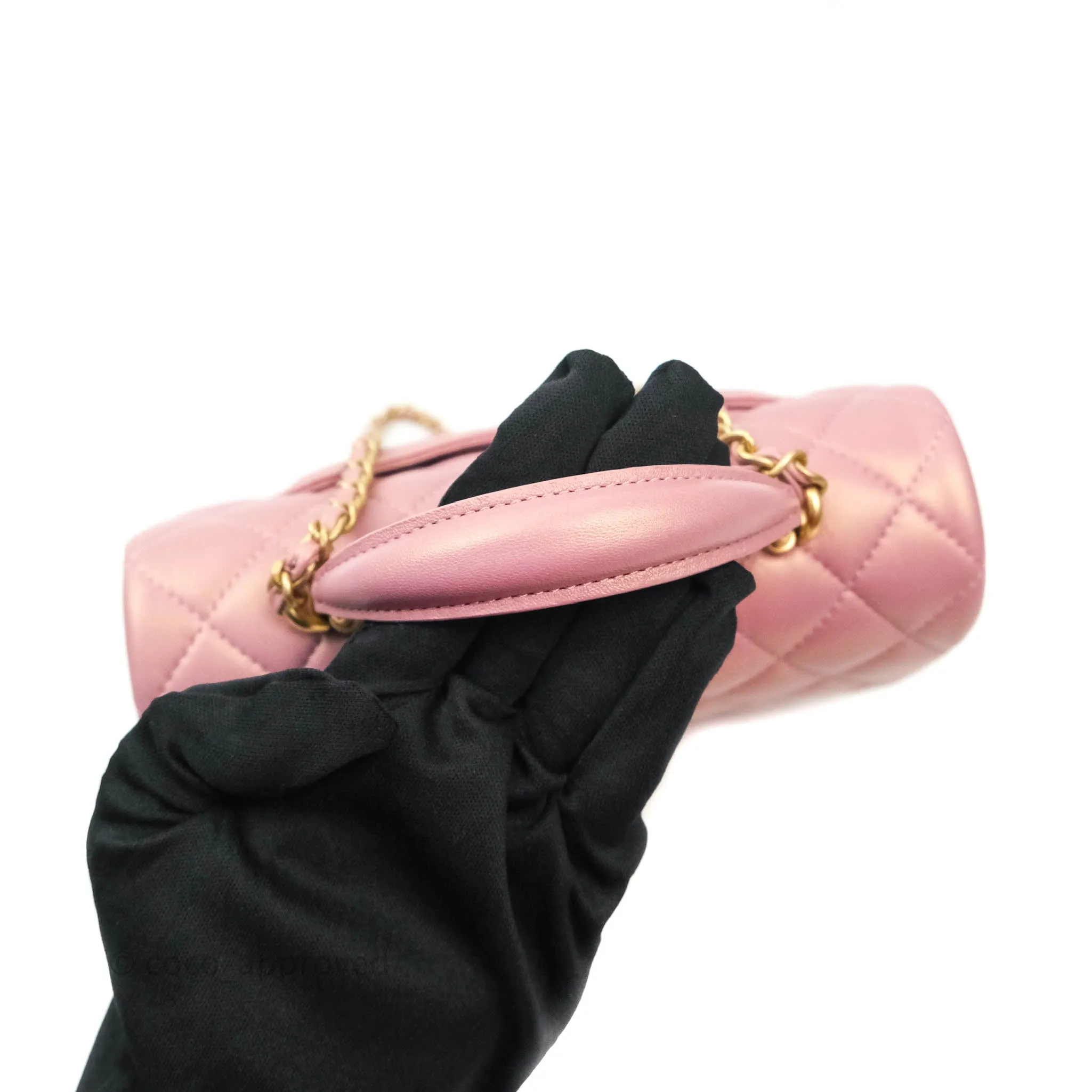 Chanel Top Handle Mini Rectangular Flap Bag Iridescent Dark Pink Lambskin Aged Gold Hardware