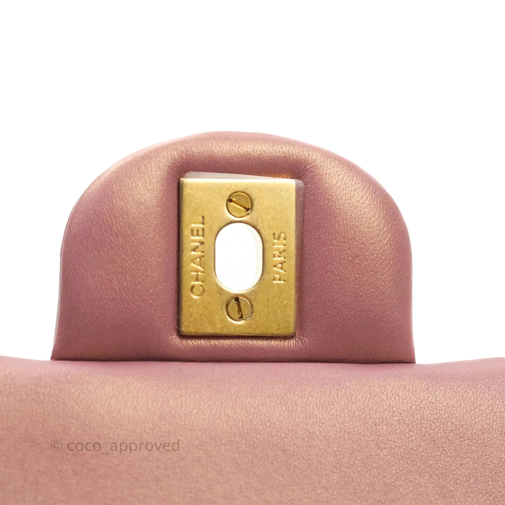 Chanel Top Handle Mini Rectangular Flap Bag Iridescent Dark Pink Lambskin Aged Gold Hardware