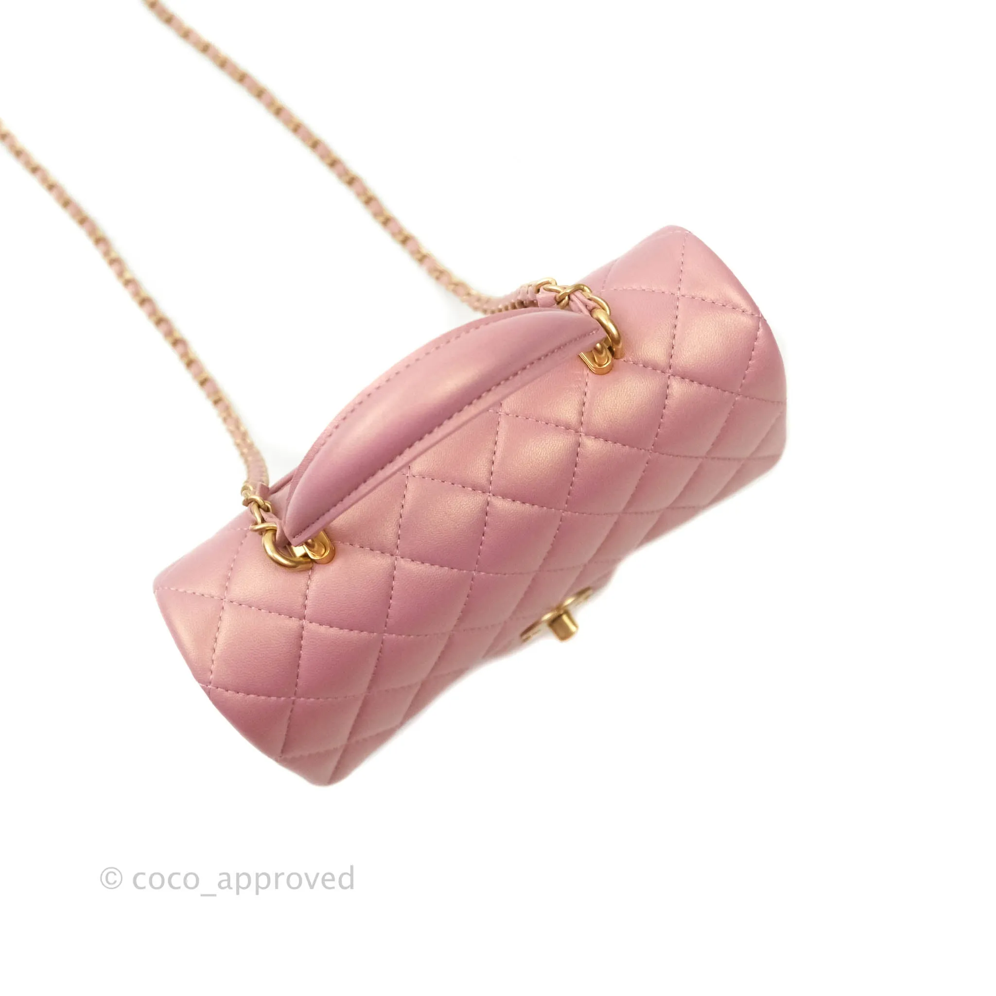 Chanel Top Handle Mini Rectangular Flap Bag Iridescent Dark Pink Lambskin Aged Gold Hardware