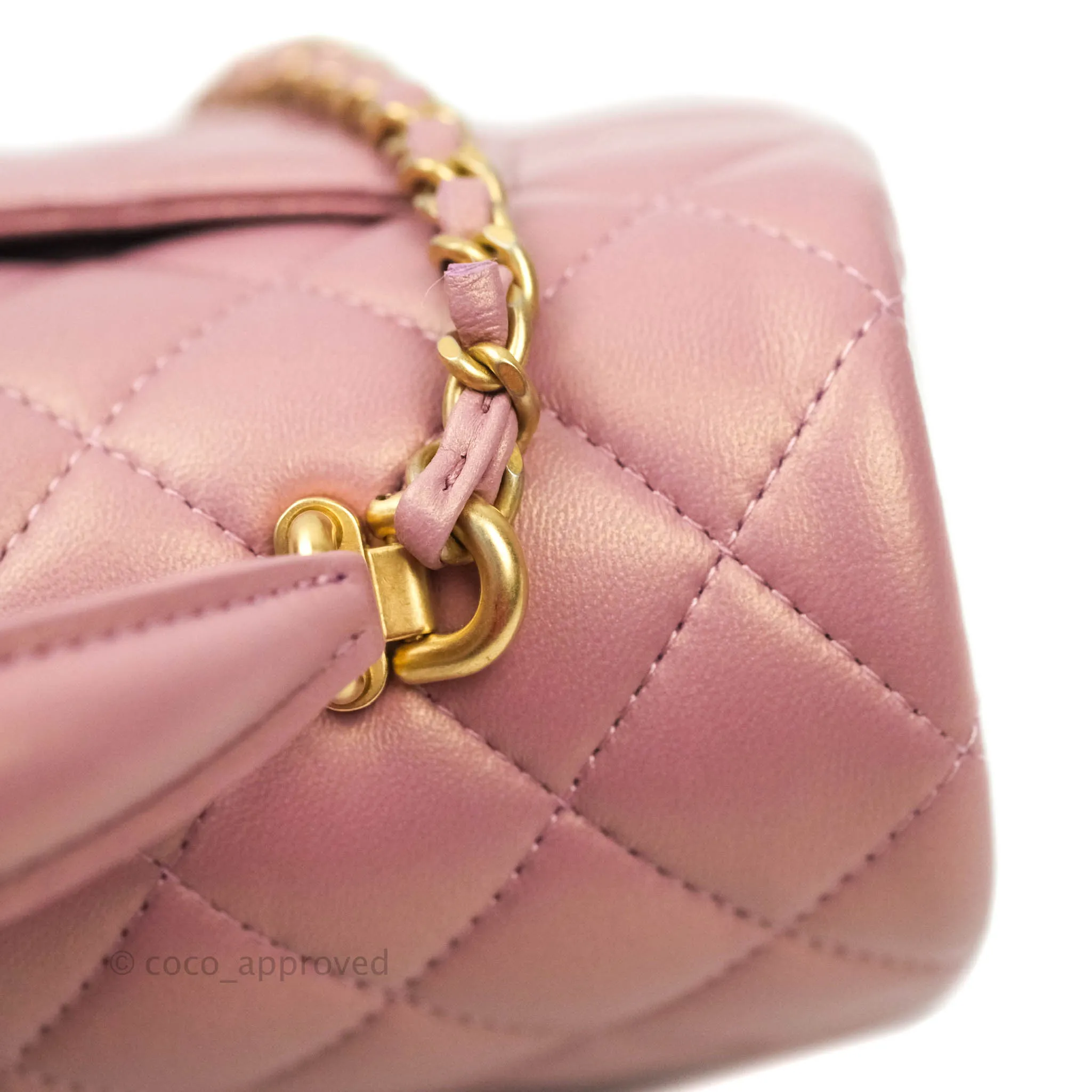 Chanel Top Handle Mini Rectangular Flap Bag Iridescent Dark Pink Lambskin Aged Gold Hardware