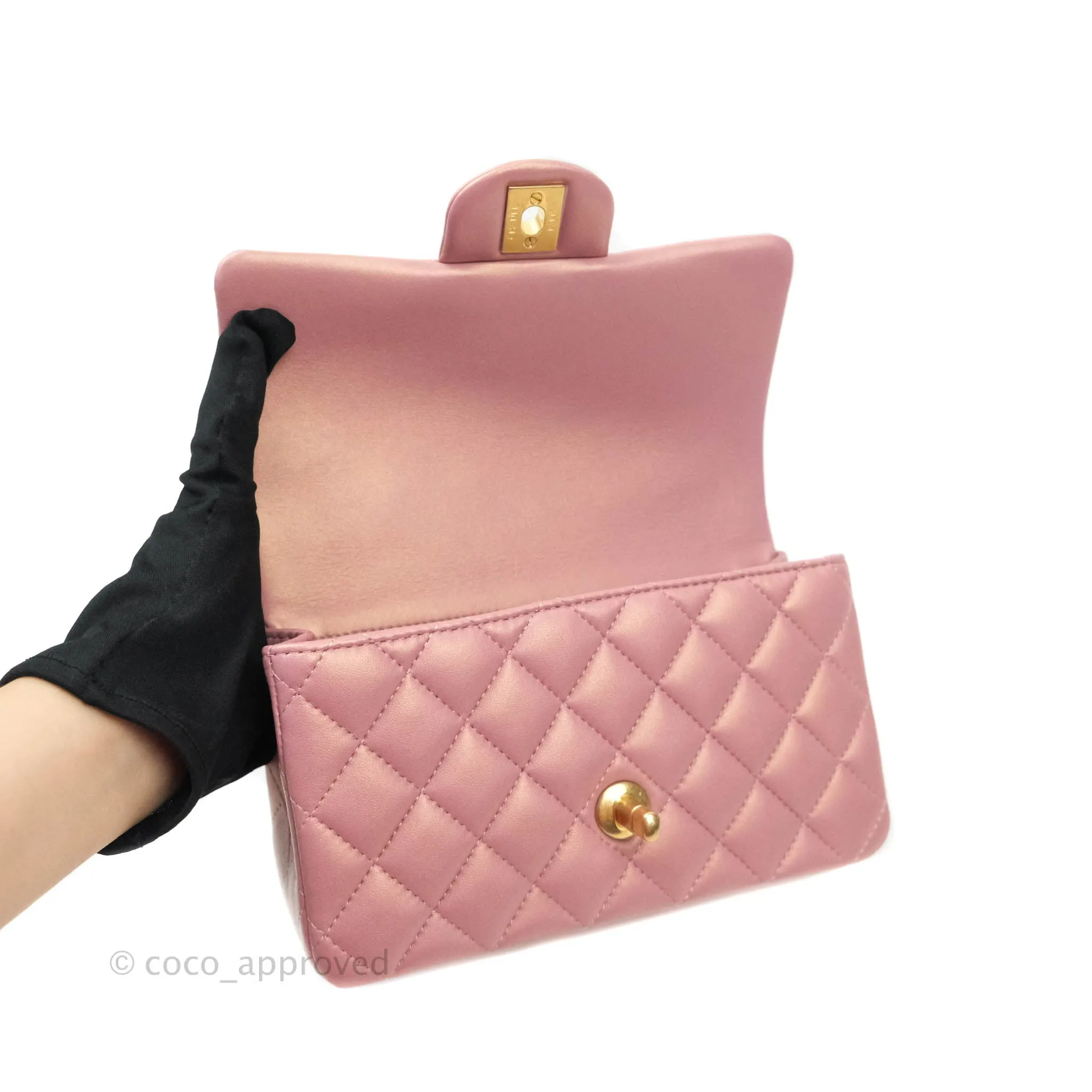 Chanel Top Handle Mini Rectangular Flap Bag Iridescent Dark Pink Lambskin Aged Gold Hardware