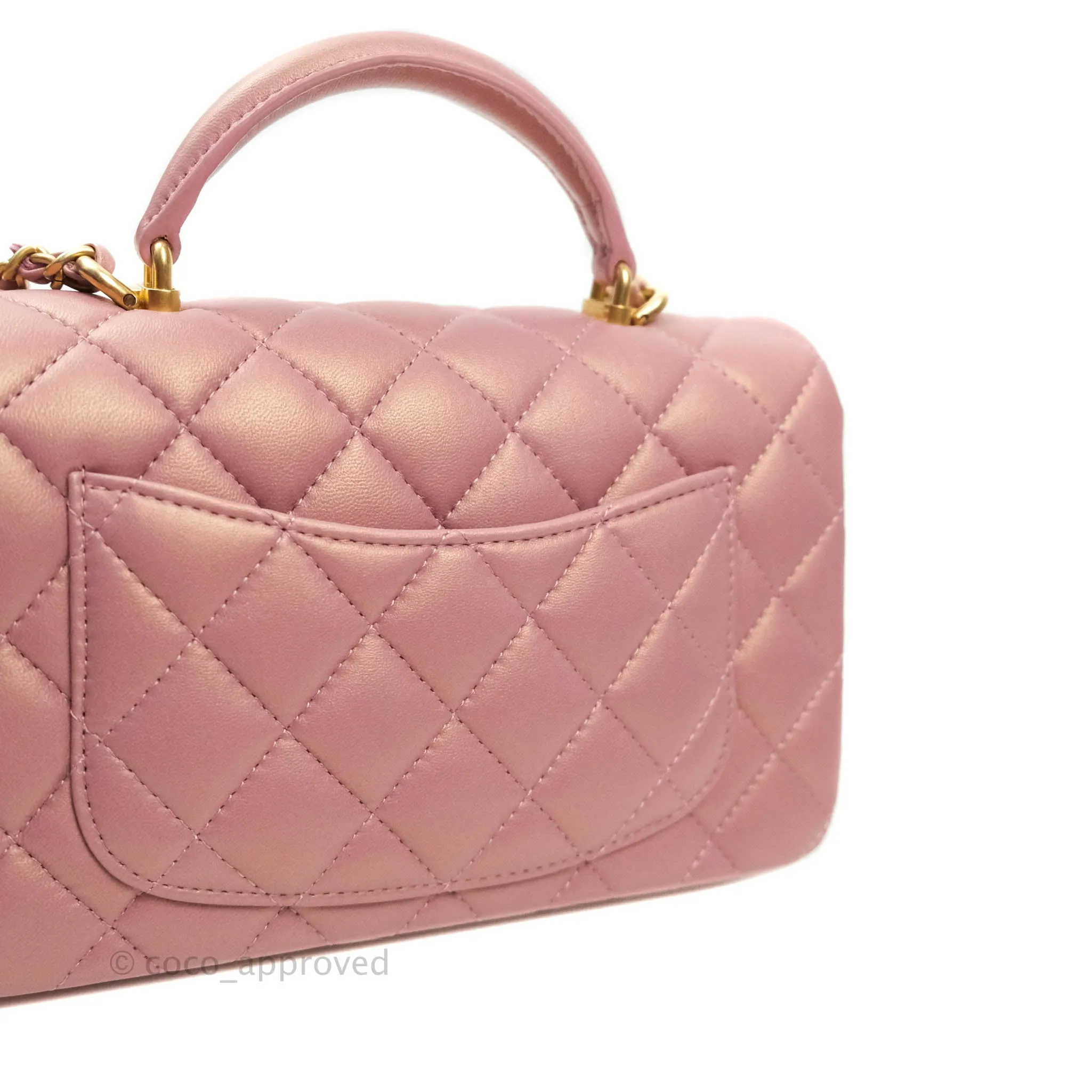 Chanel Top Handle Mini Rectangular Flap Bag Iridescent Dark Pink Lambskin Aged Gold Hardware