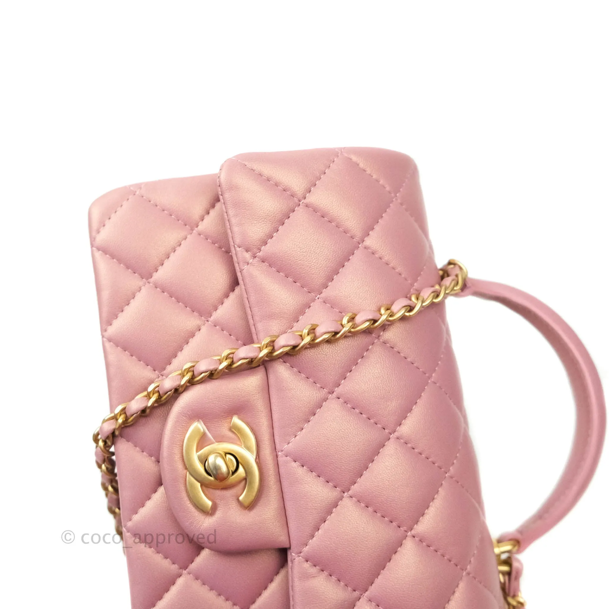 Chanel Top Handle Mini Rectangular Flap Bag Iridescent Dark Pink Lambskin Aged Gold Hardware