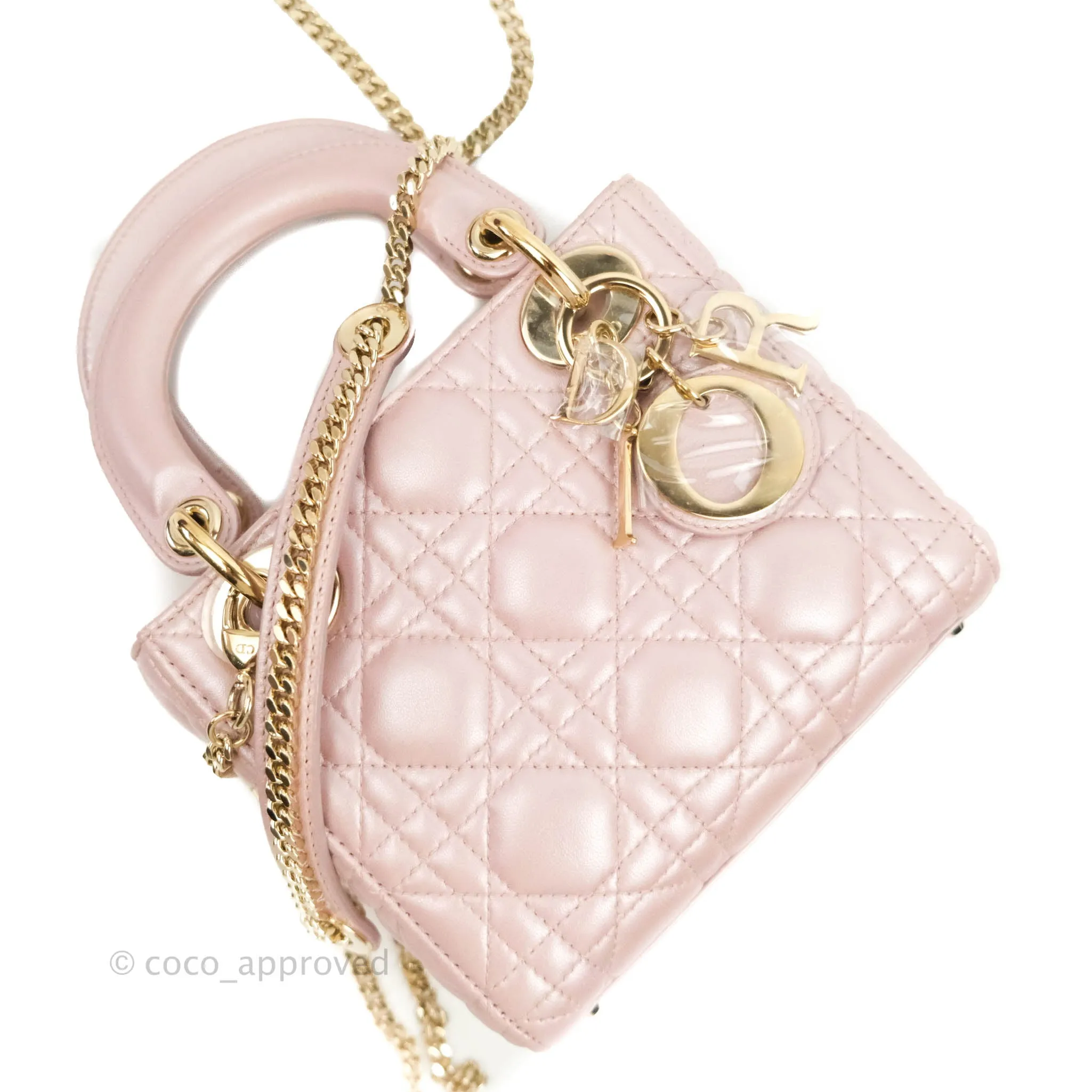 Christian Dior Cannage Mini Lady Dior Iridescent Light Pink Gold Hardware
