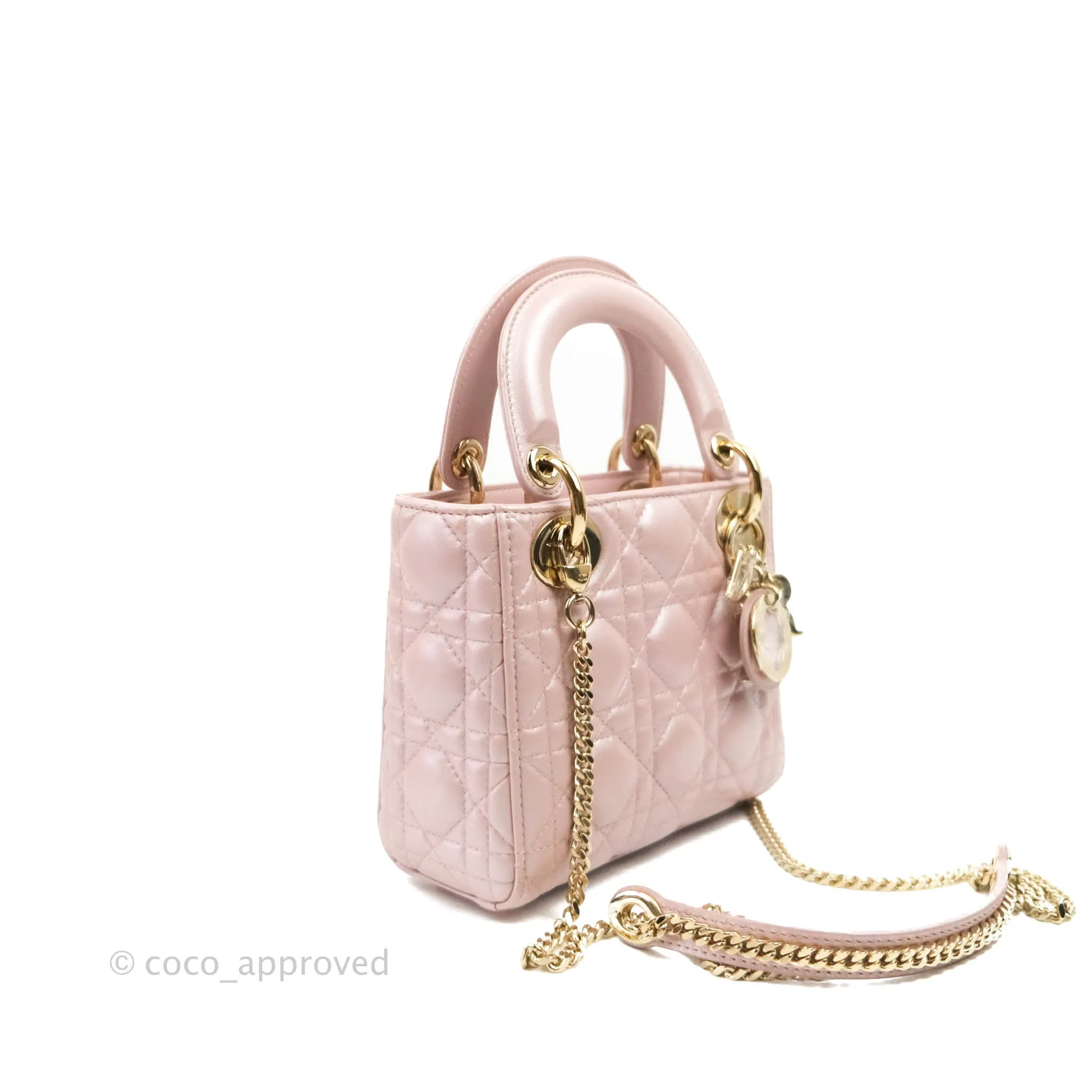 Christian Dior Cannage Mini Lady Dior Iridescent Light Pink Gold Hardware