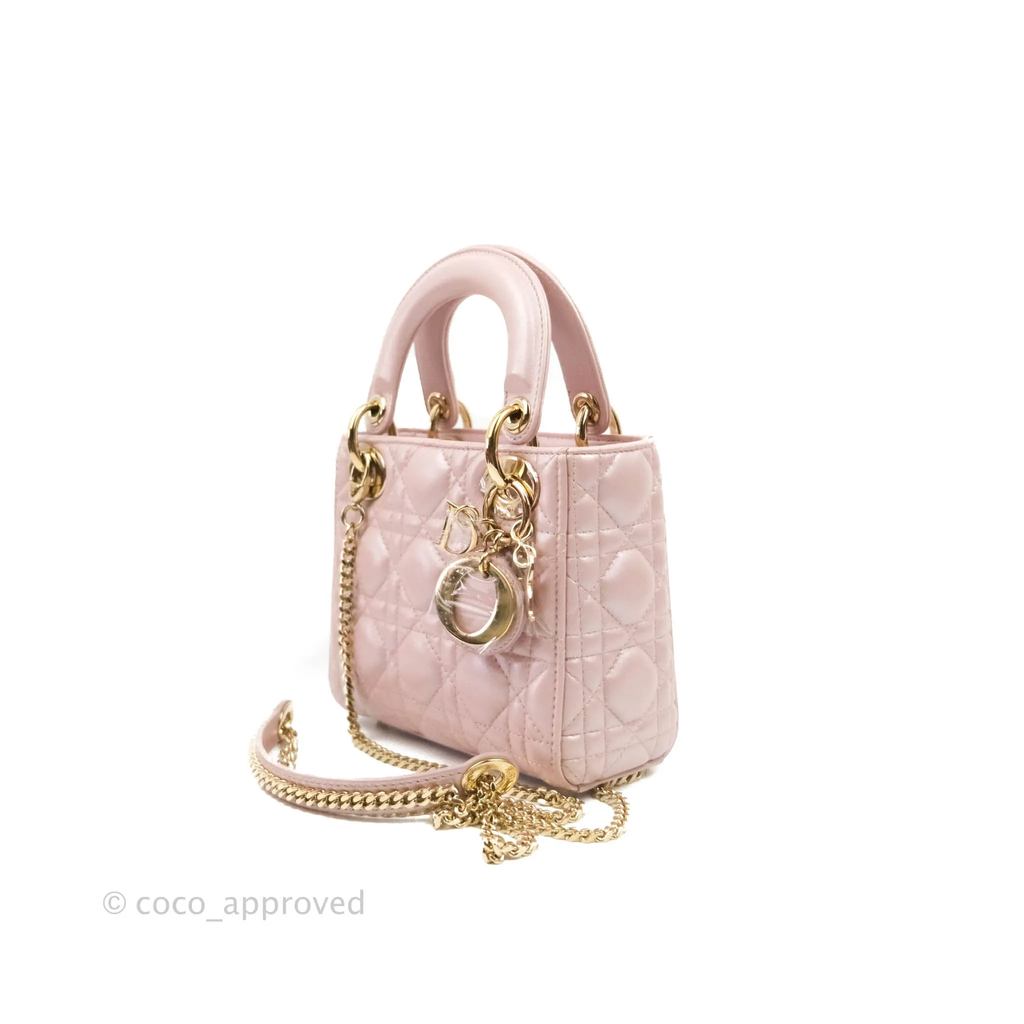 Christian Dior Cannage Mini Lady Dior Iridescent Light Pink Gold Hardware