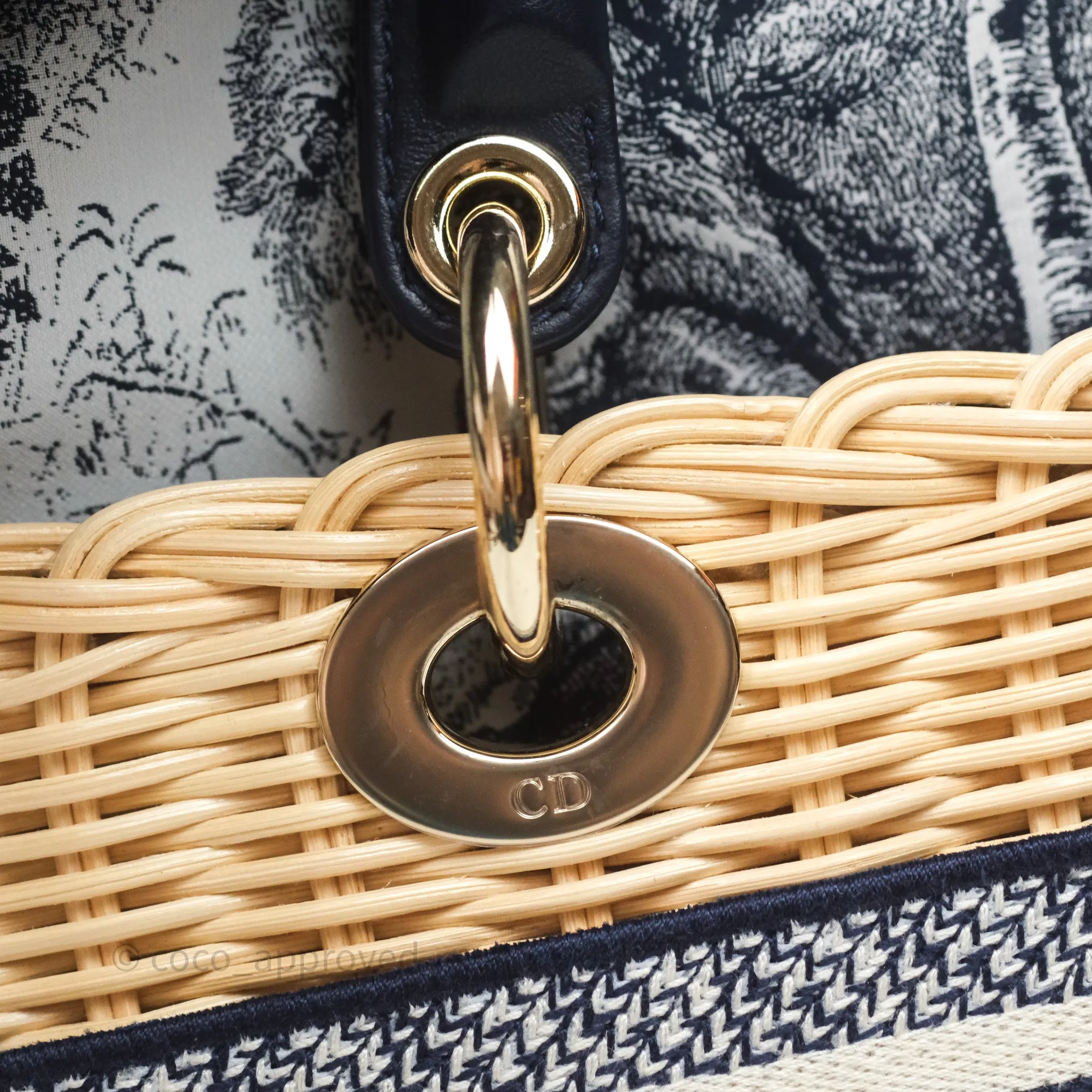 Christian Dior Dioriviera Medium Lady D-Joy Bag Natural Rattan and Blue Dior Oblique Jacquard