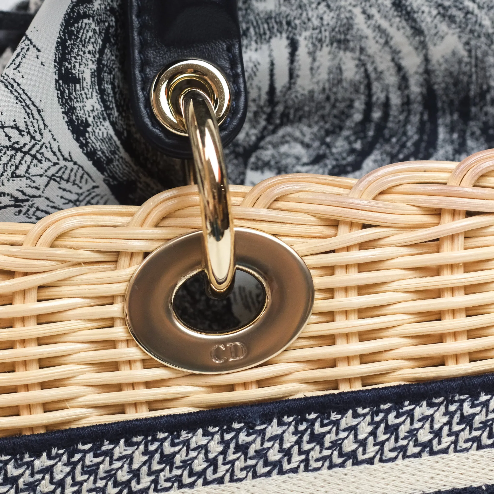 Christian Dior Dioriviera Medium Lady D-Joy Bag Natural Rattan and Blue Dior Oblique Jacquard