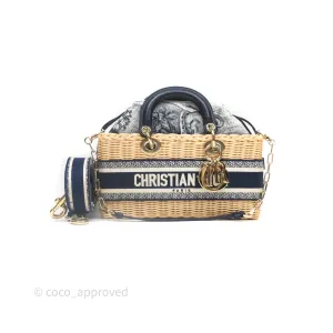Christian Dior Dioriviera Medium Lady D-Joy Bag Natural Rattan and Blue Dior Oblique Jacquard