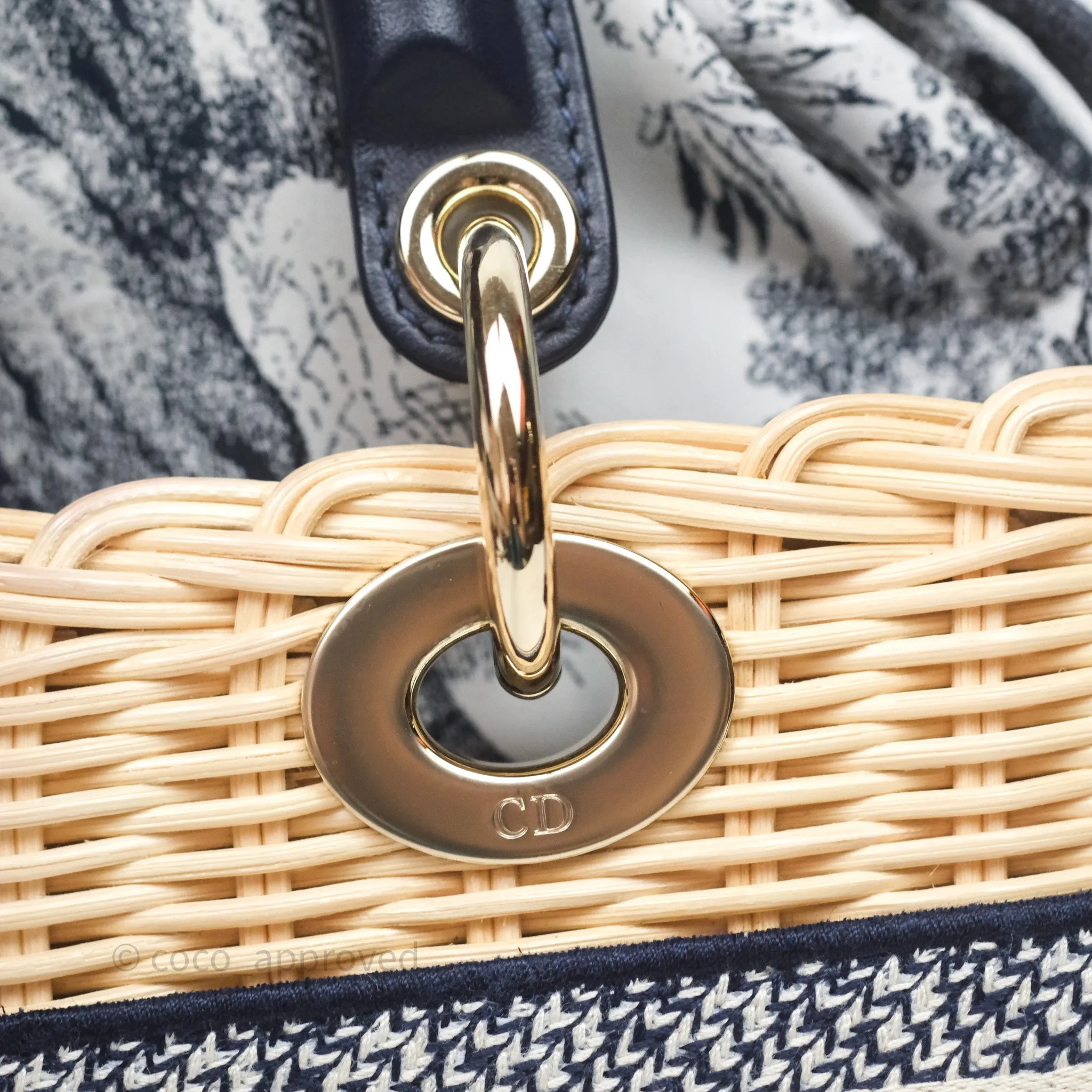 Christian Dior Dioriviera Medium Lady D-Joy Bag Natural Rattan and Blue Dior Oblique Jacquard