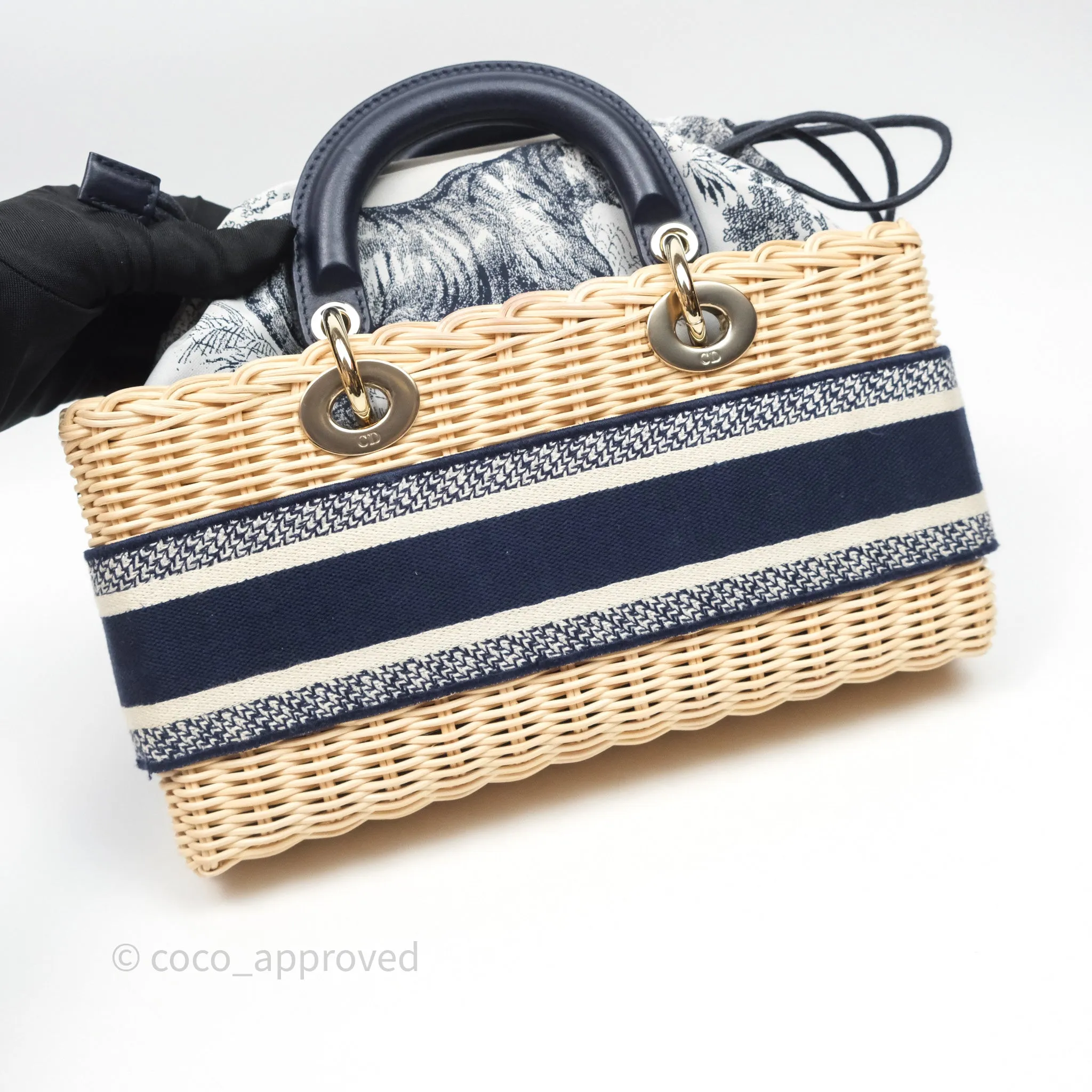 Christian Dior Dioriviera Medium Lady D-Joy Bag Natural Rattan and Blue Dior Oblique Jacquard