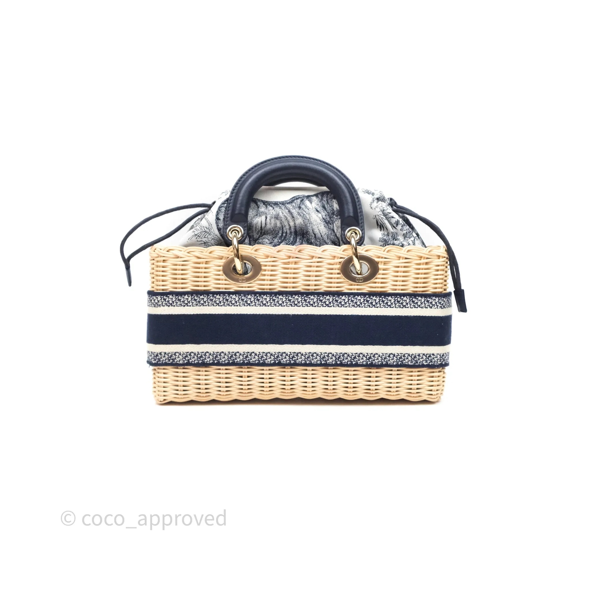 Christian Dior Dioriviera Medium Lady D-Joy Bag Natural Rattan and Blue Dior Oblique Jacquard