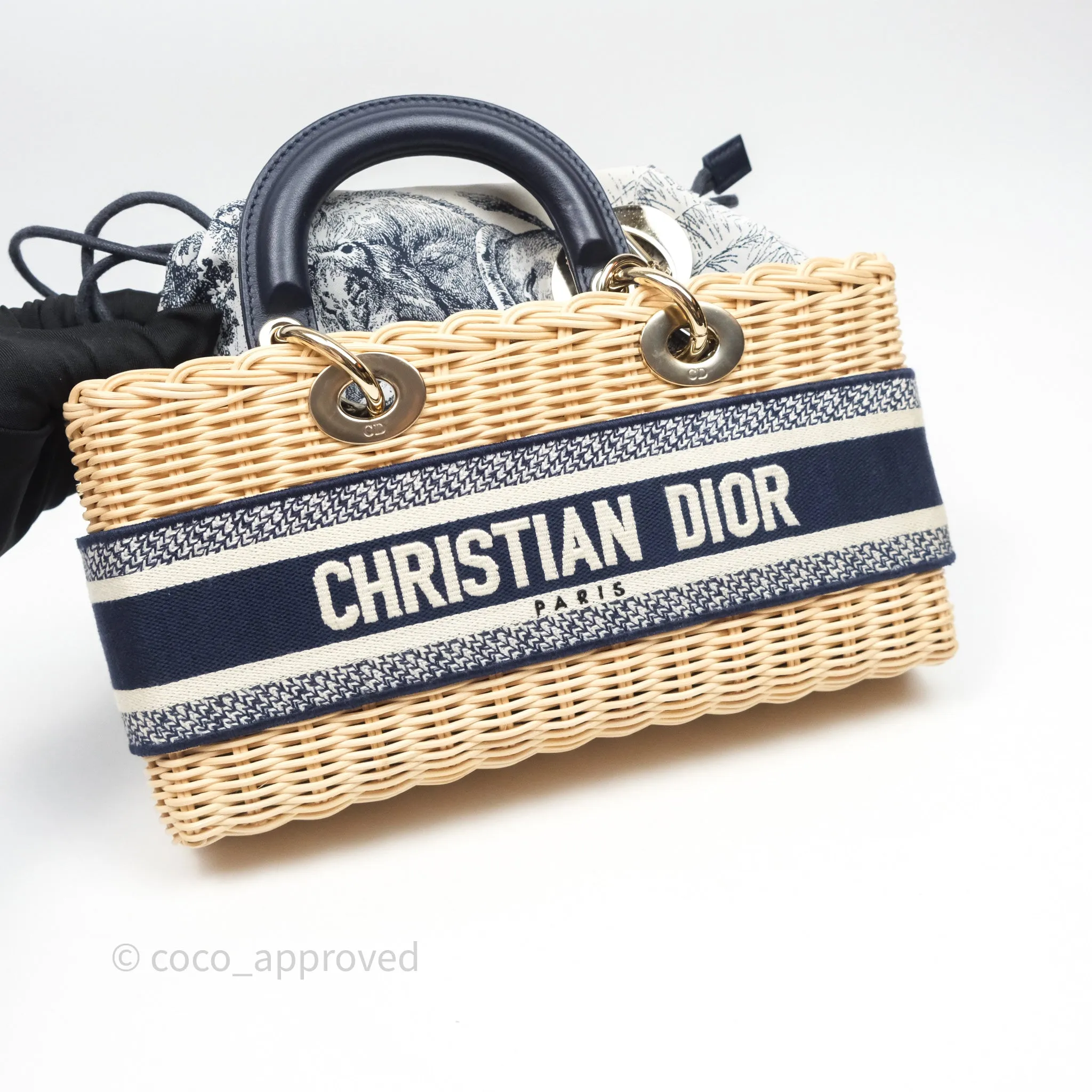 Christian Dior Dioriviera Medium Lady D-Joy Bag Natural Rattan and Blue Dior Oblique Jacquard
