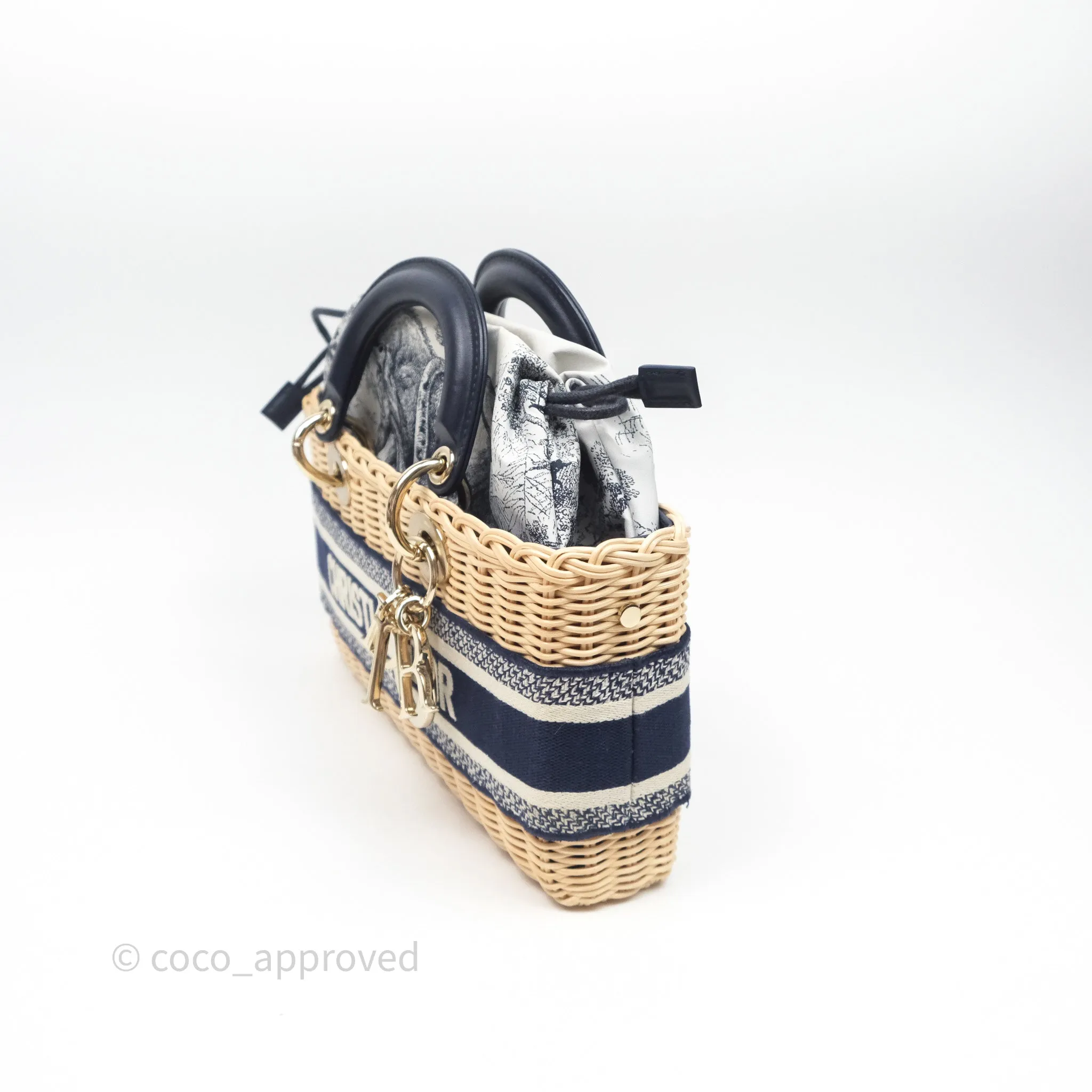 Christian Dior Dioriviera Medium Lady D-Joy Bag Natural Rattan and Blue Dior Oblique Jacquard