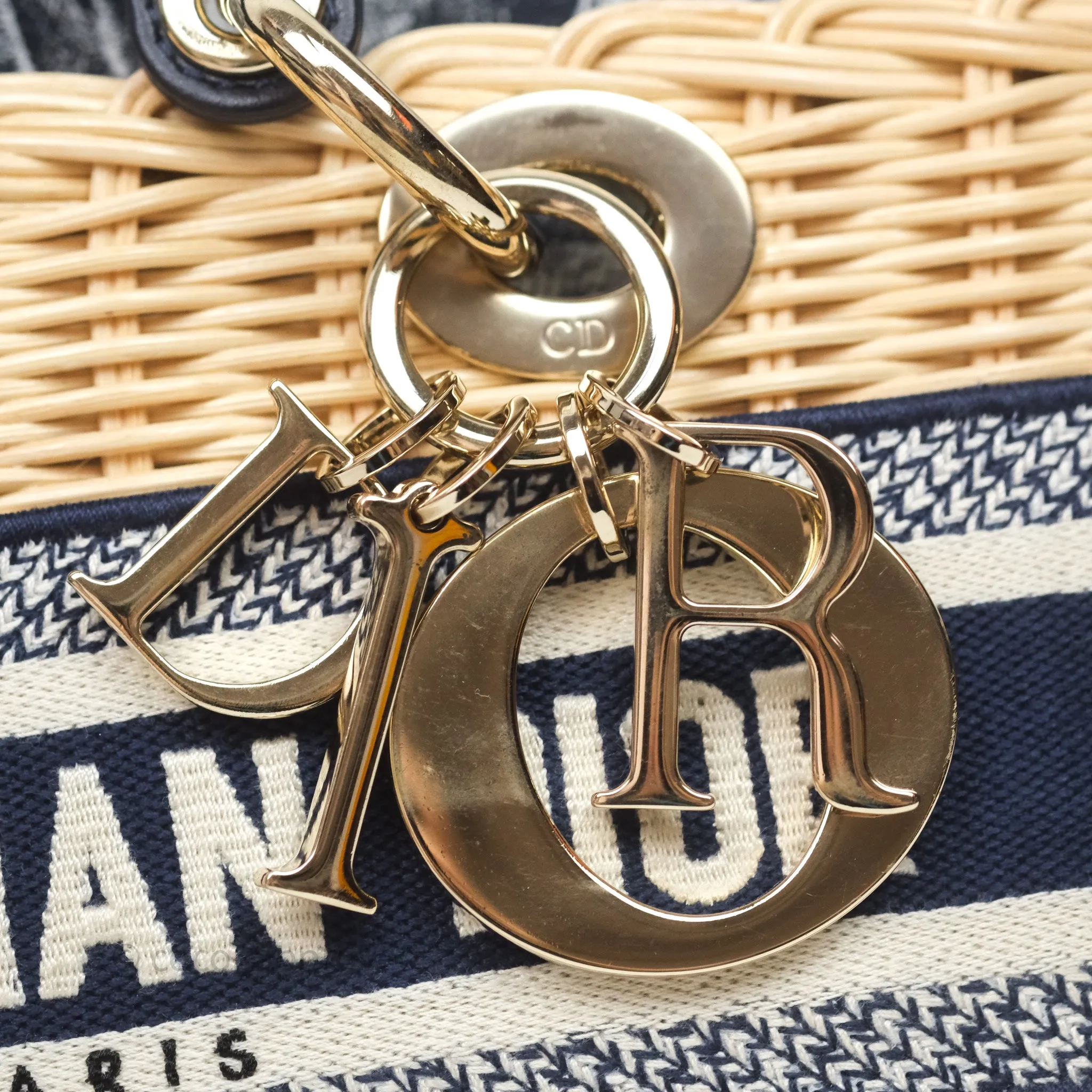 Christian Dior Dioriviera Medium Lady D-Joy Bag Natural Rattan and Blue Dior Oblique Jacquard